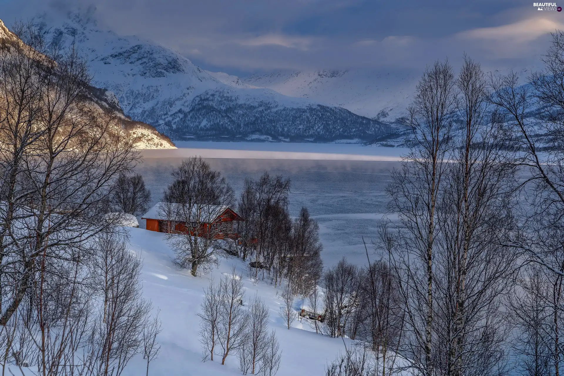 lake, Fog, clouds, Houses, viewes, Mountains, winter, trees