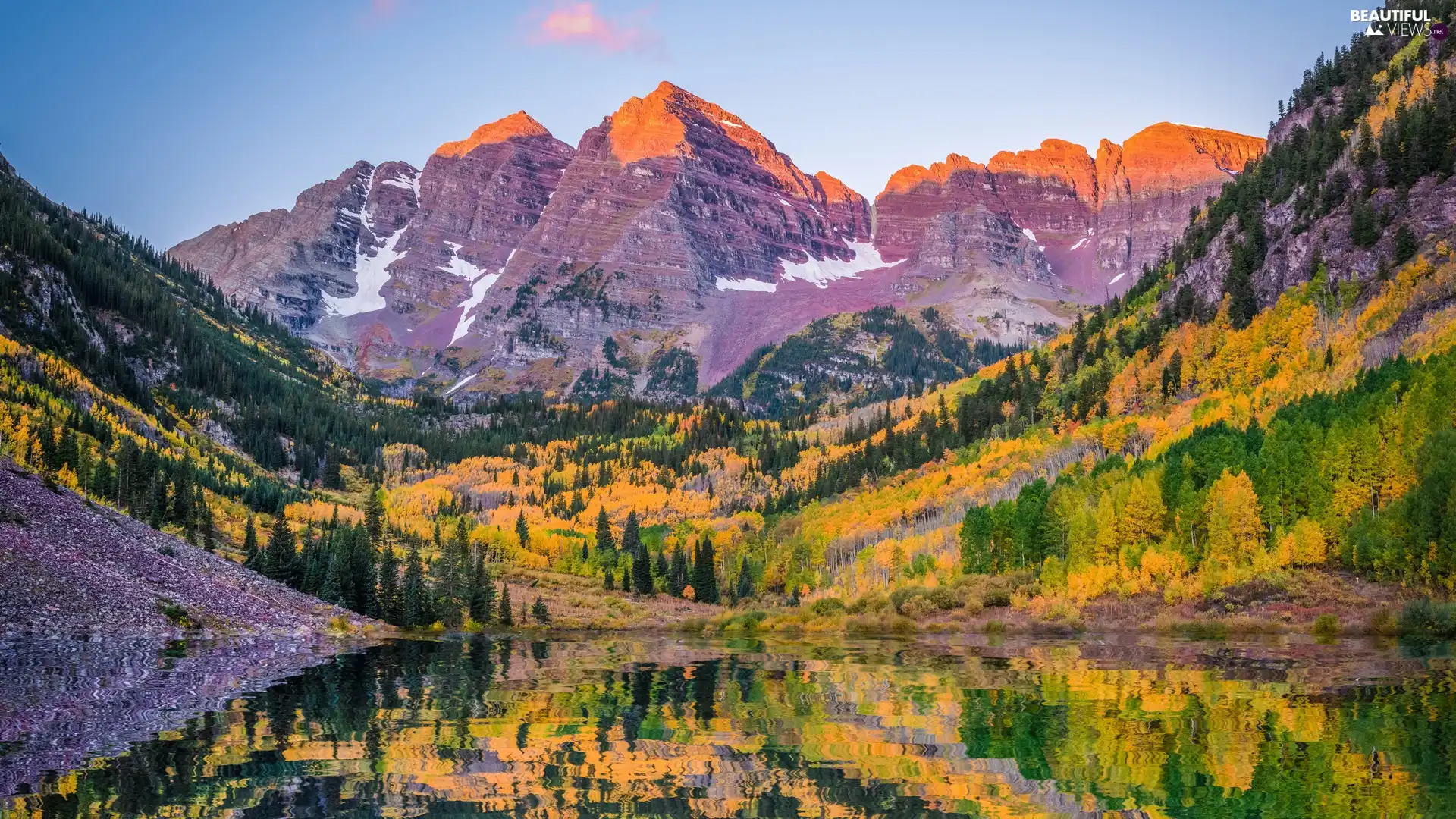Maroon Lake, reflection, The United States, trees, State of Colorado, Maroon Bells Peaks, rocky mountains, viewes