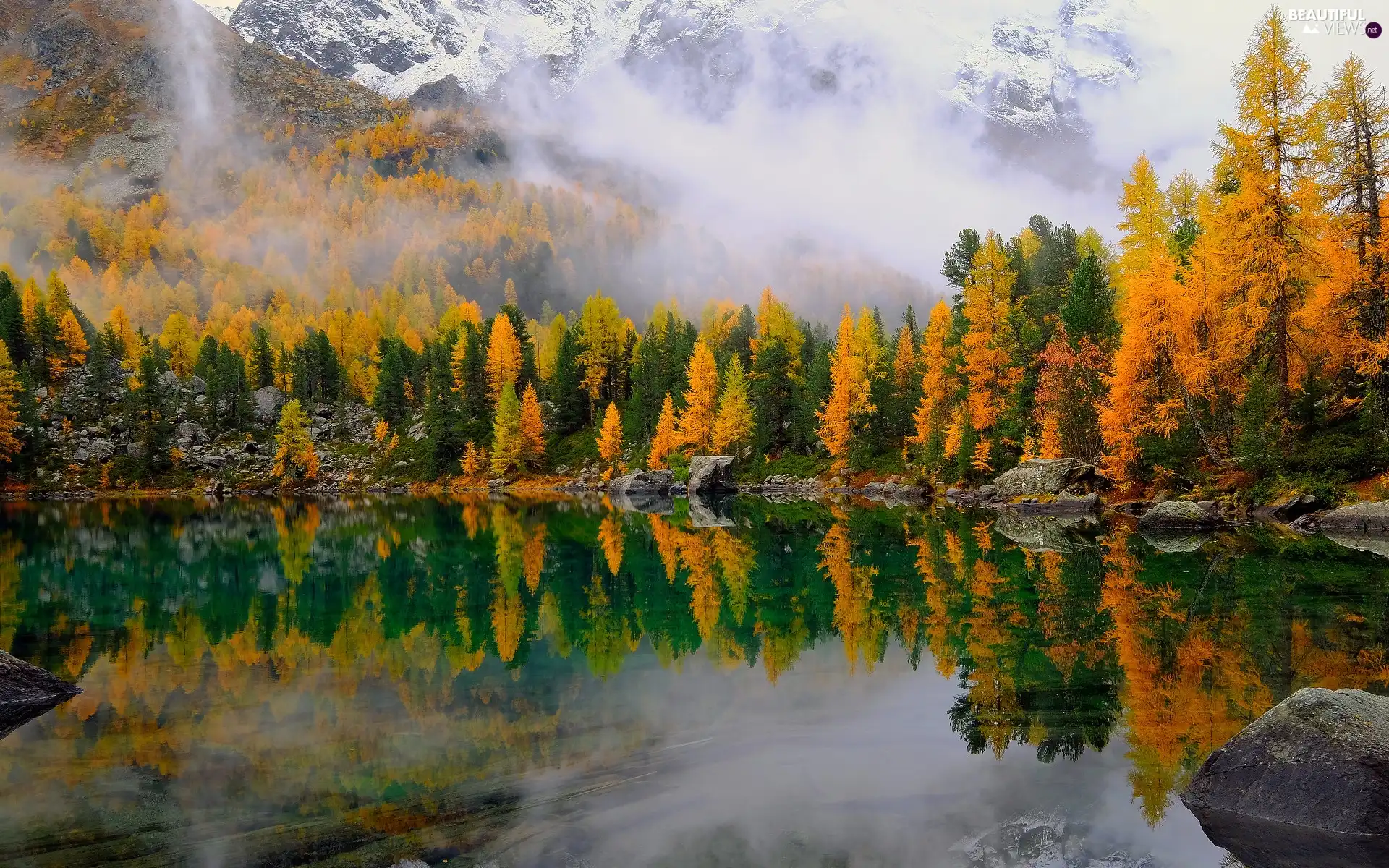viewes, lake, Fog, trees, Mountains, autumn, reflection