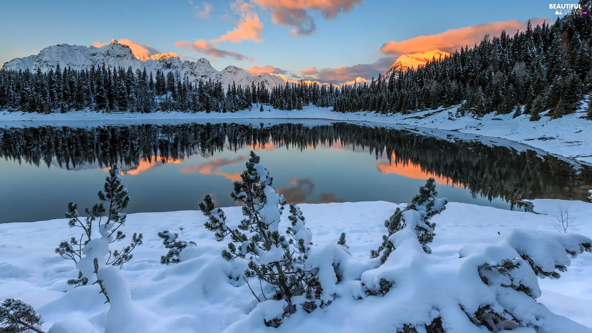 lake, snowy, forest, Plants, viewes, winter, Mountains, trees