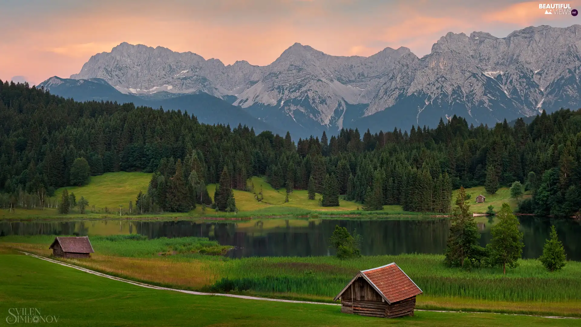 Houses, Geroldsee Lake, trees, Bavaria, viewes, Karwendel Mountains, forest, Germany, Krun City, wood