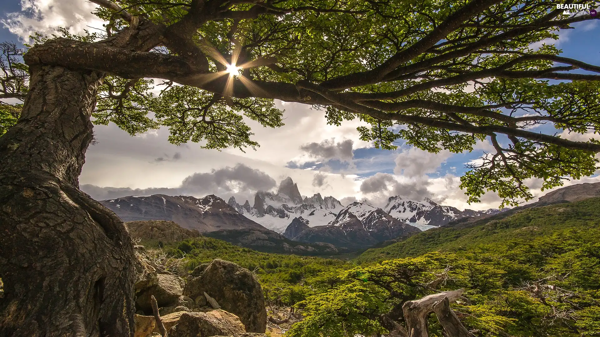 Mountains, Patagonia, Andy, rays of the Sun, Fitz Roy Mountain, Argentina, Los Glaciares National Park, clouds, trees, El Chalten