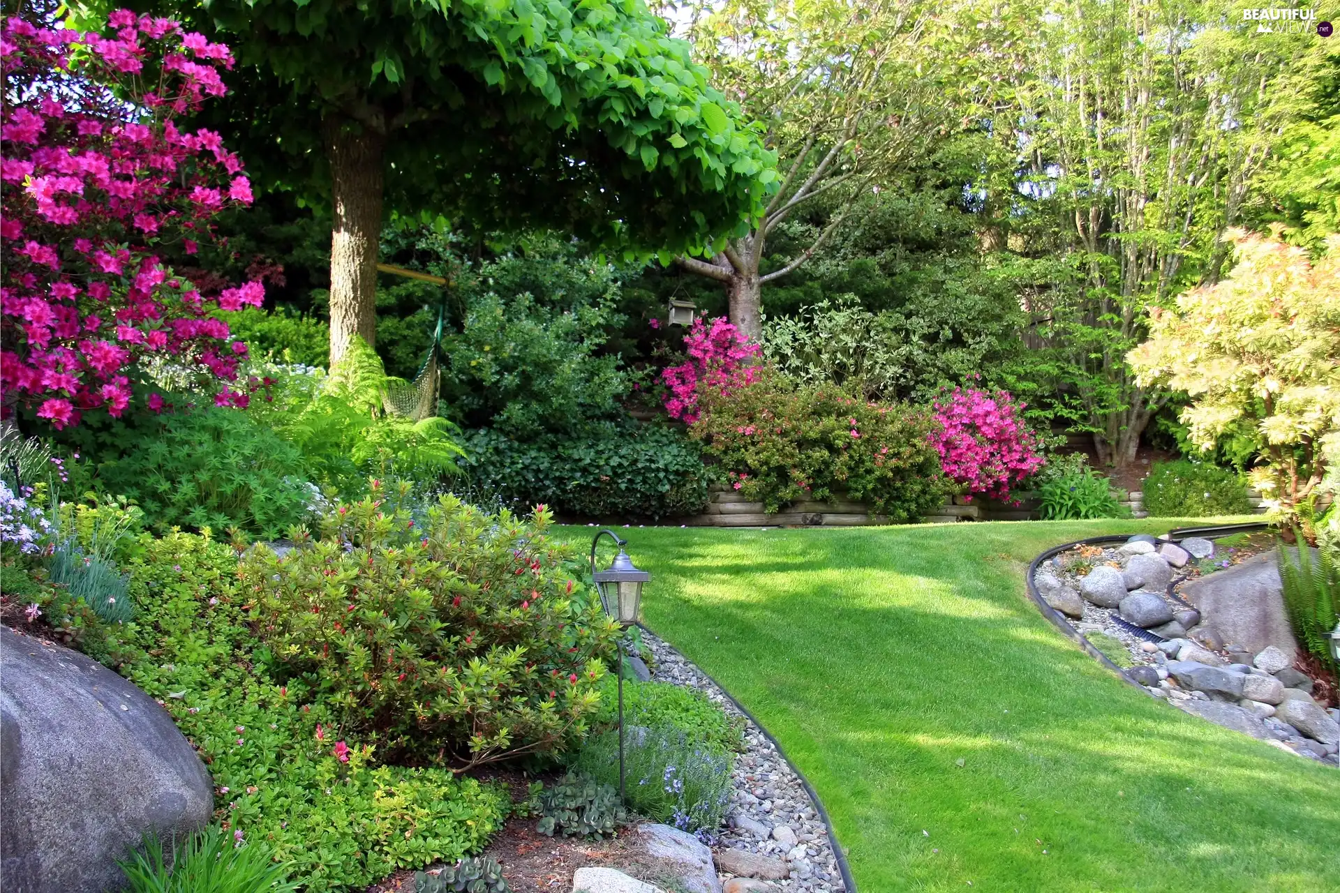 grass, trees, Lamplight, viewes, Stones, Lawn, Park, Flowers