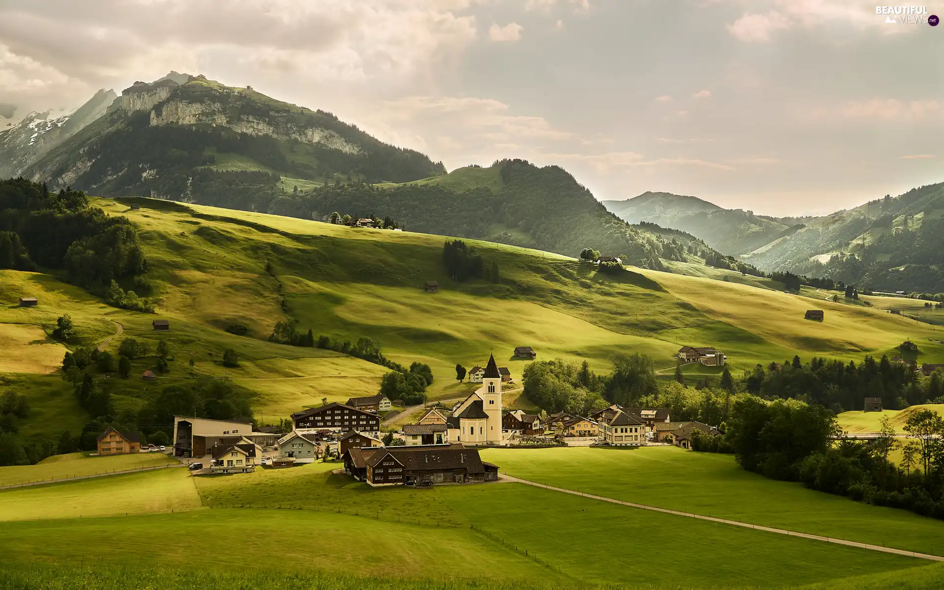 viewes, Houses, grass, trees, Mountains, medows, clouds