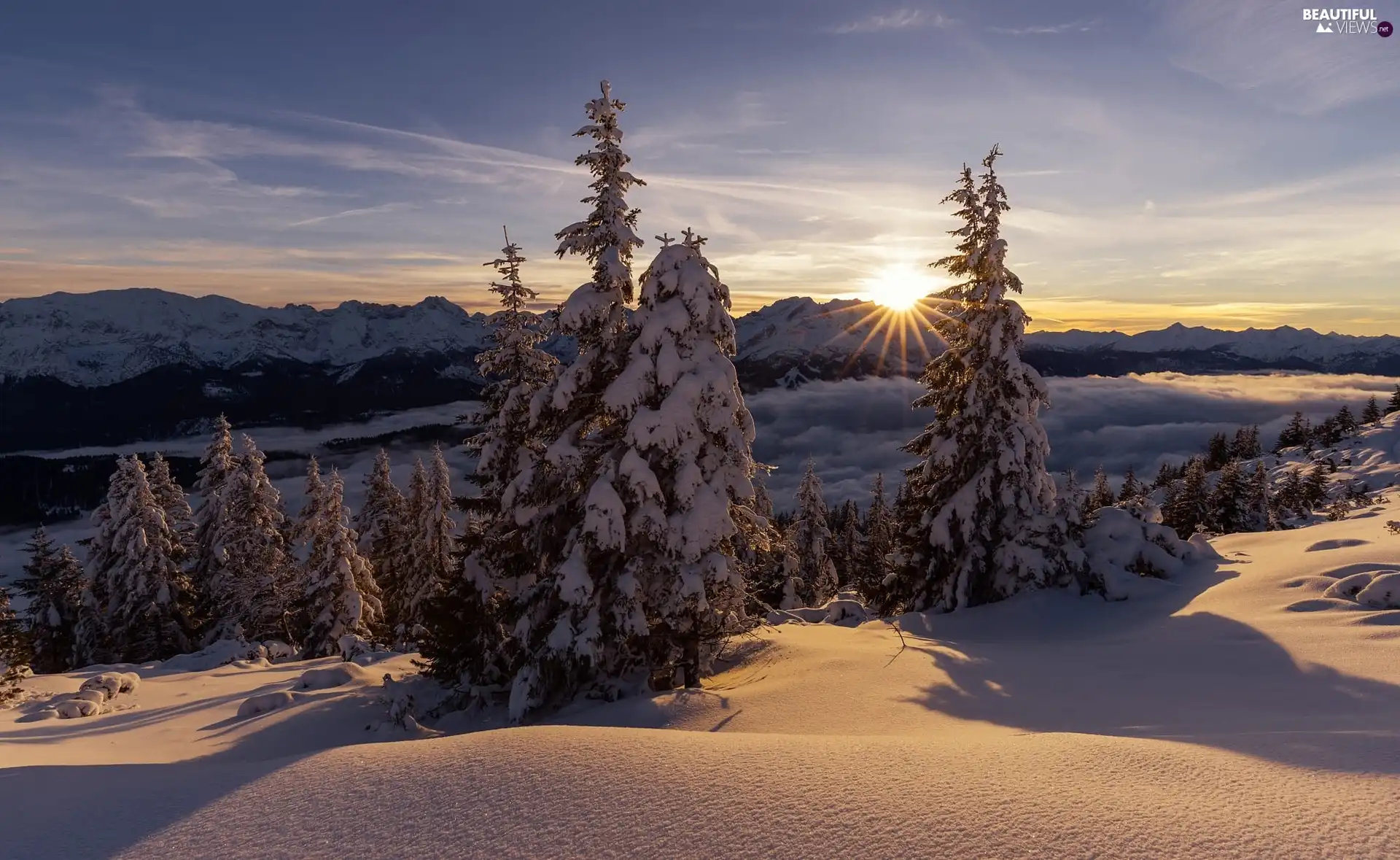 Wank Mount, Germany, winter, Great Sunsets, Fog, viewes, trees, Eastern Alps, Bavaria, Snowy, Mountains