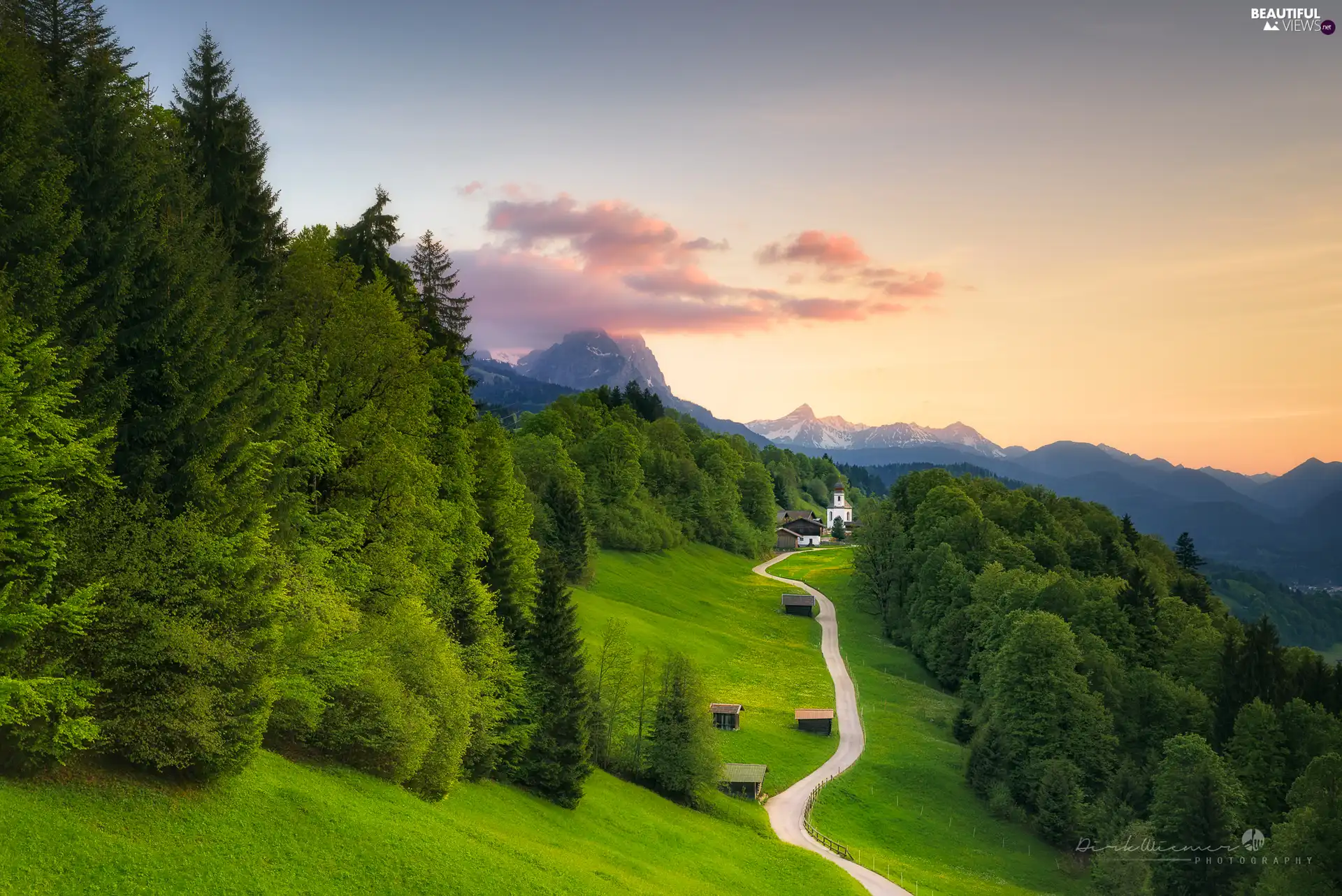 Mountains, Wamberg Village, The Hills, Way, Bavaria, Germany, trees, viewes, Church of Sts. Anna