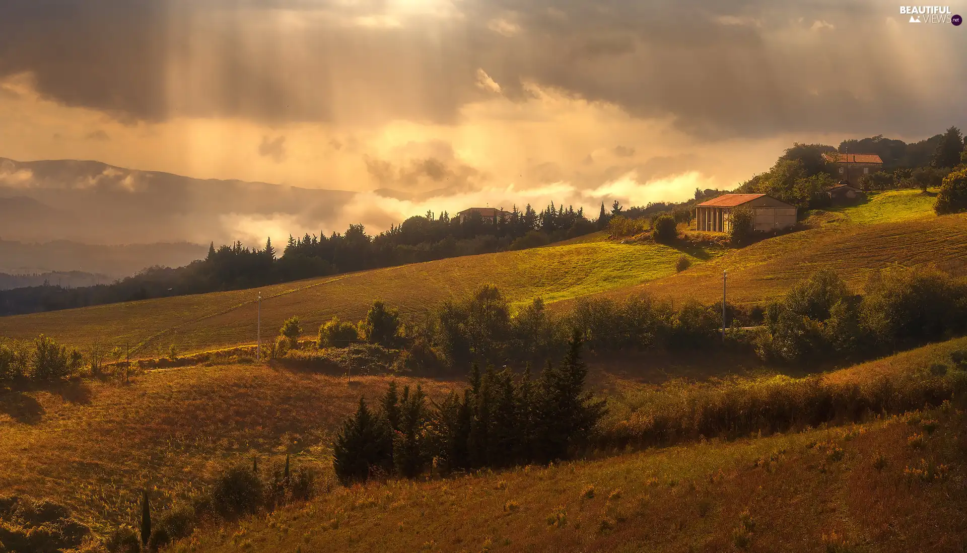 viewes, The Hills, clouds, light breaking through sky, Houses, trees