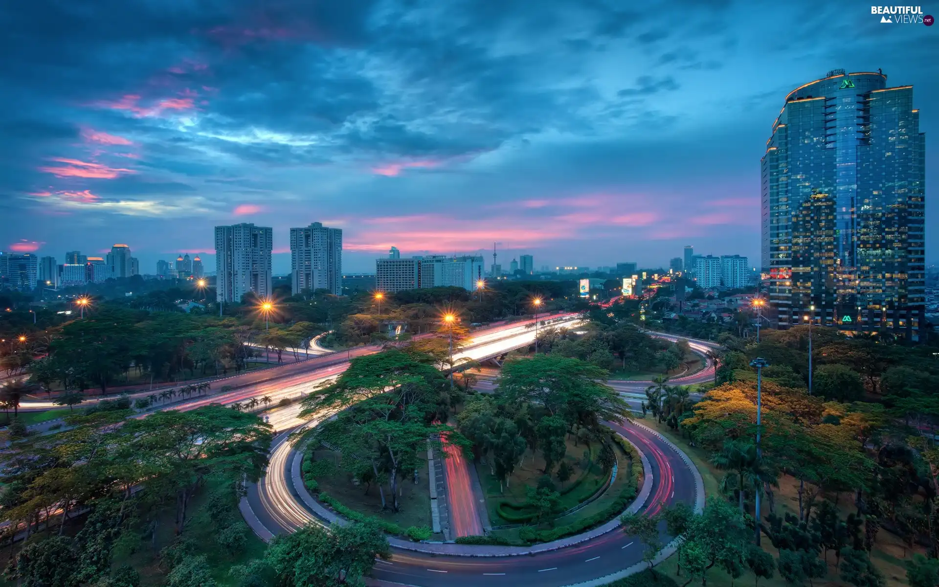 viewes, Jakarta, metropolis, west, Indonesia, skyscrapers, Streets, Sun