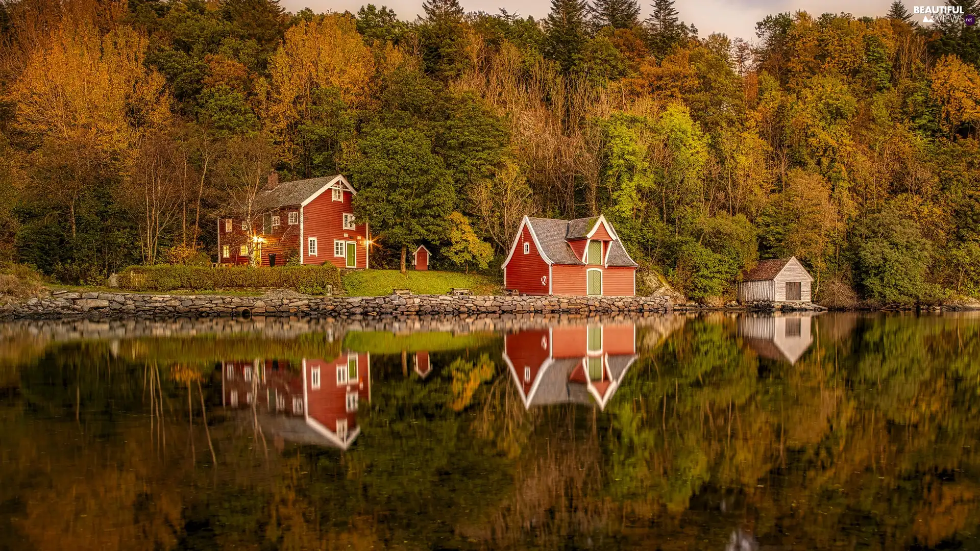 viewes, color, lake, trees, autumn, Houses, reflection