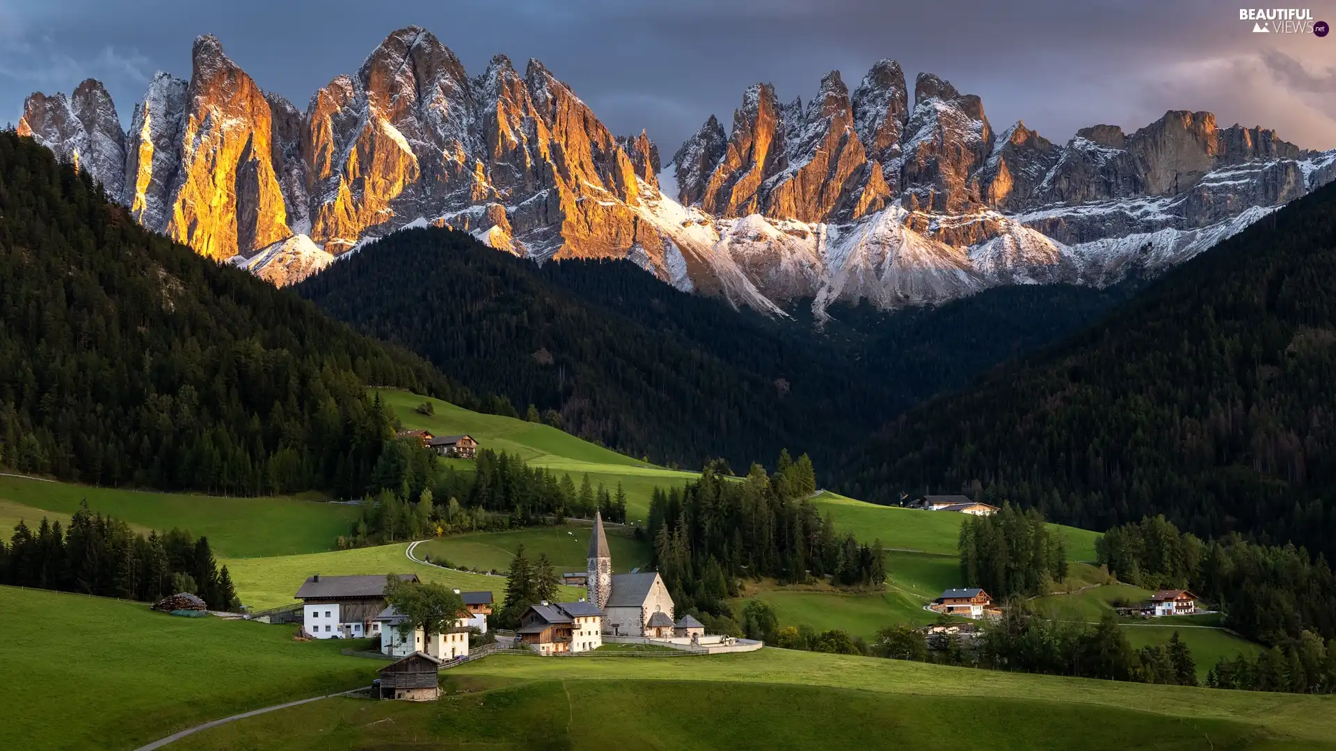 Val di Funes Valley, Italy, Dolomites, Mountains, trees, Church, Houses, Santa Maddalena, country, viewes, woods
