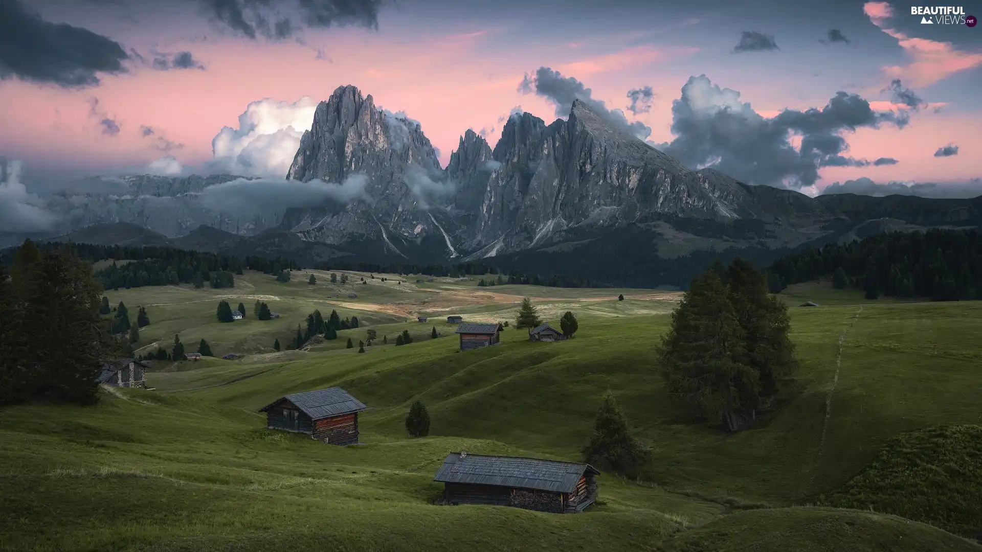 clouds, Sassolungo Mountains, Val Gardena Valley, Houses, trees, Dolomites, Seiser Alm Meadow, Italy, wood, viewes