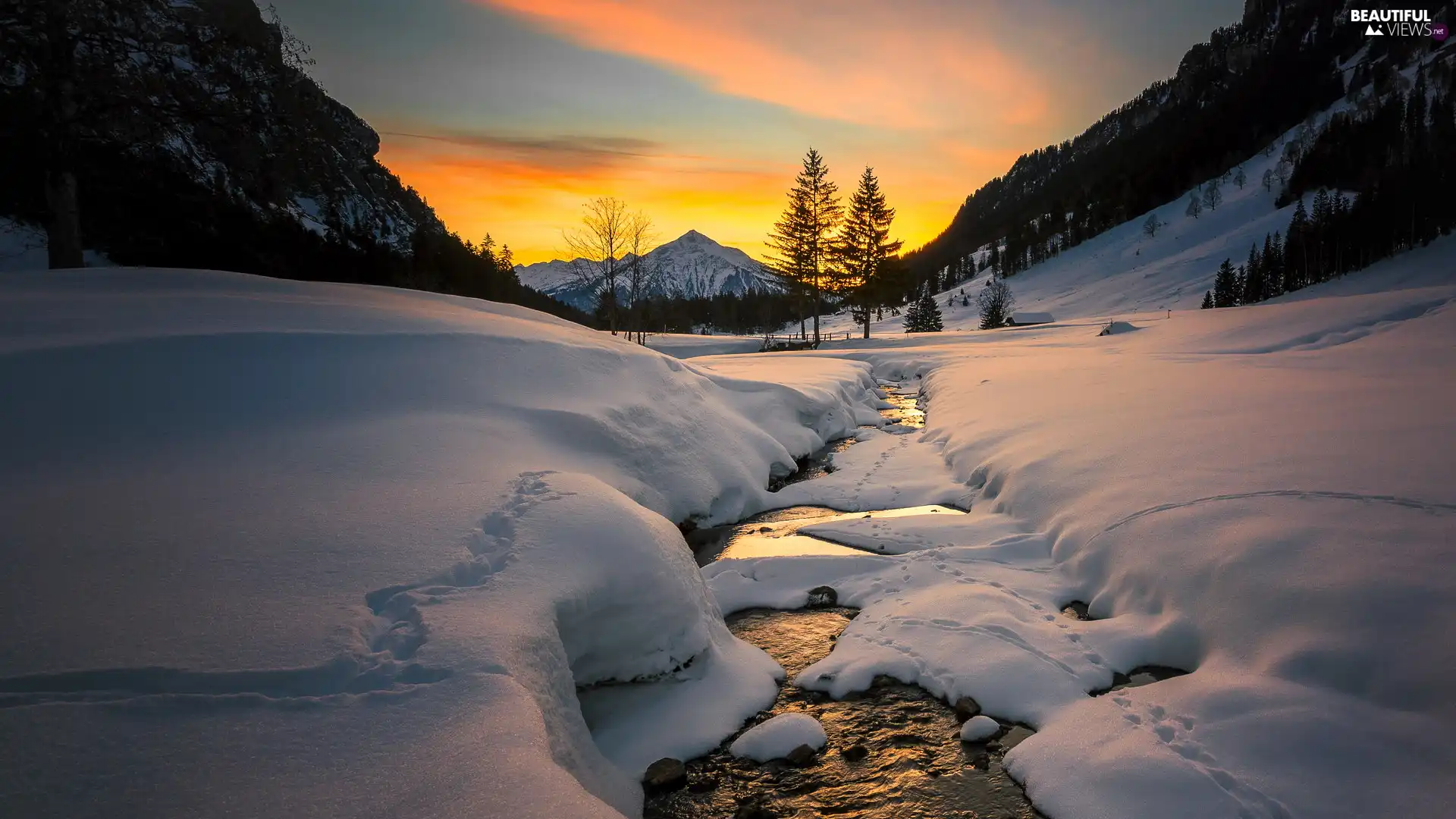 trees, viewes, Great Sunsets, River, traces, Mountains, winter, snow