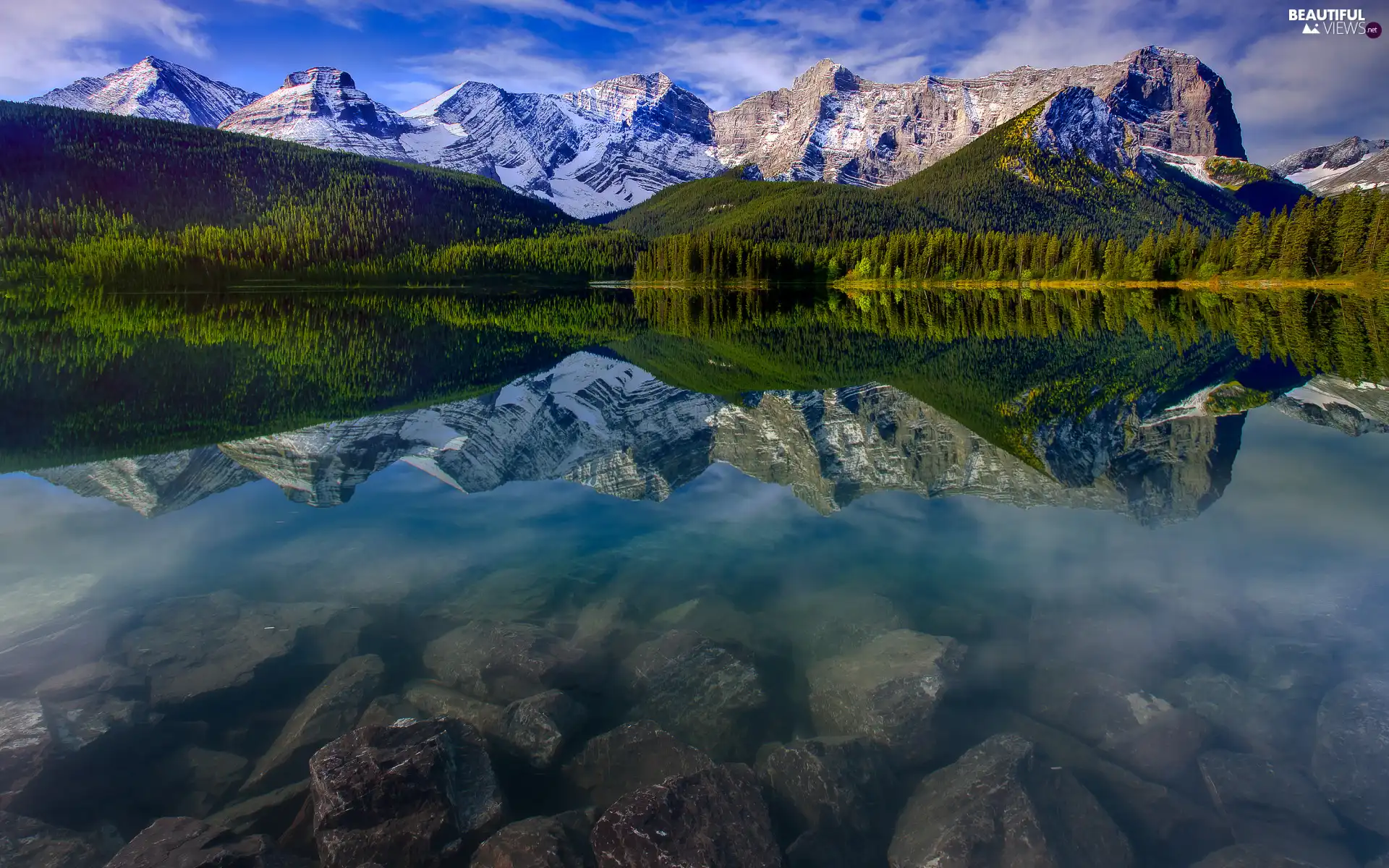 trees, forest, viewes, Mountains, Stones, reflection, peaks, lake, Snowy