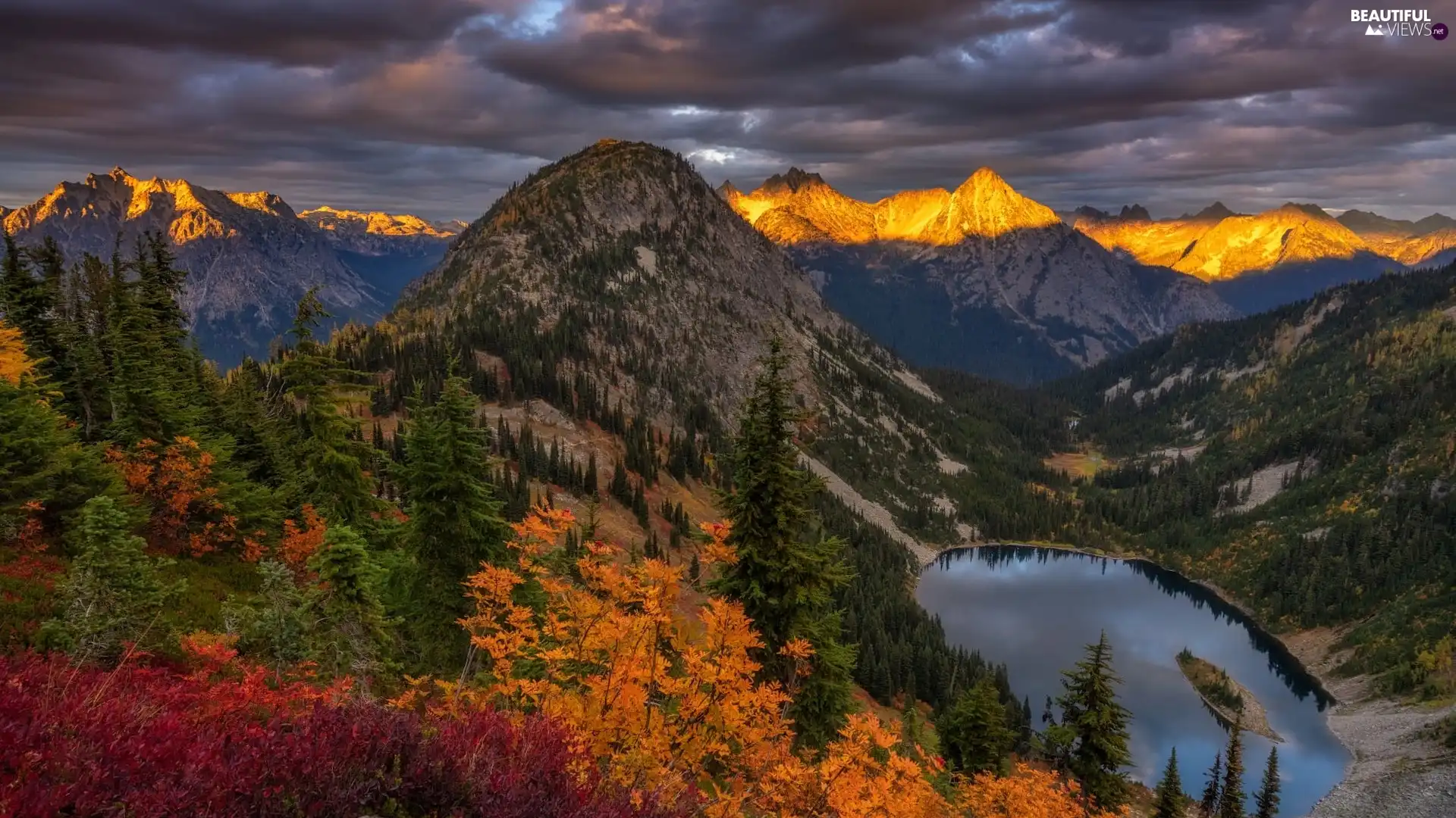 viewes, lake, Plants, trees, Mountains, autumn, clouds