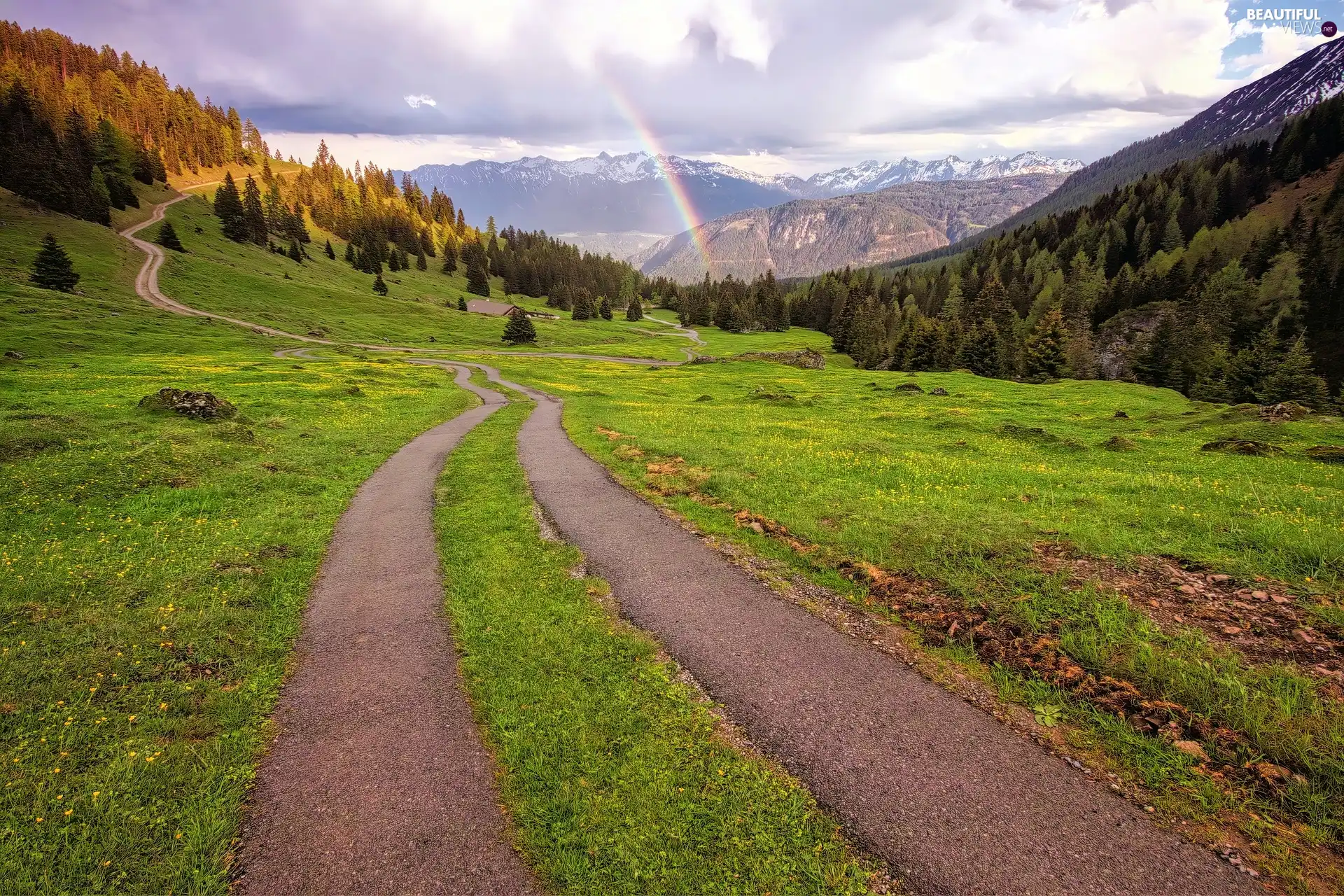 trees, viewes, house, woods, Way, Great Rainbows, Mountains, medows