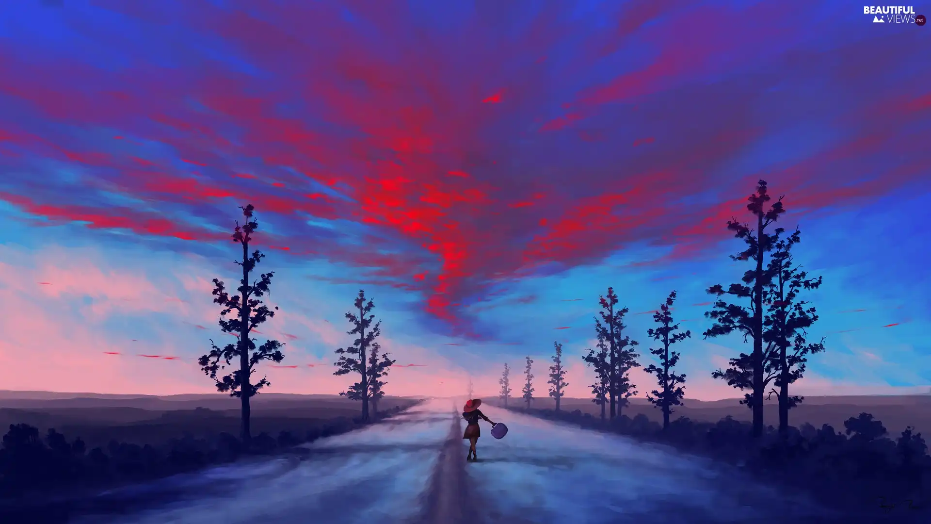 viewes, Way, Red, trees, girl, Sky, clouds