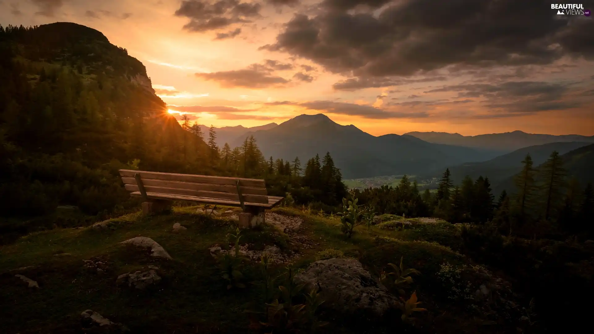 Tirol, Austria, Reutte District, Alps Mountains, Great Sunsets, clouds, trees, viewes, Bench
