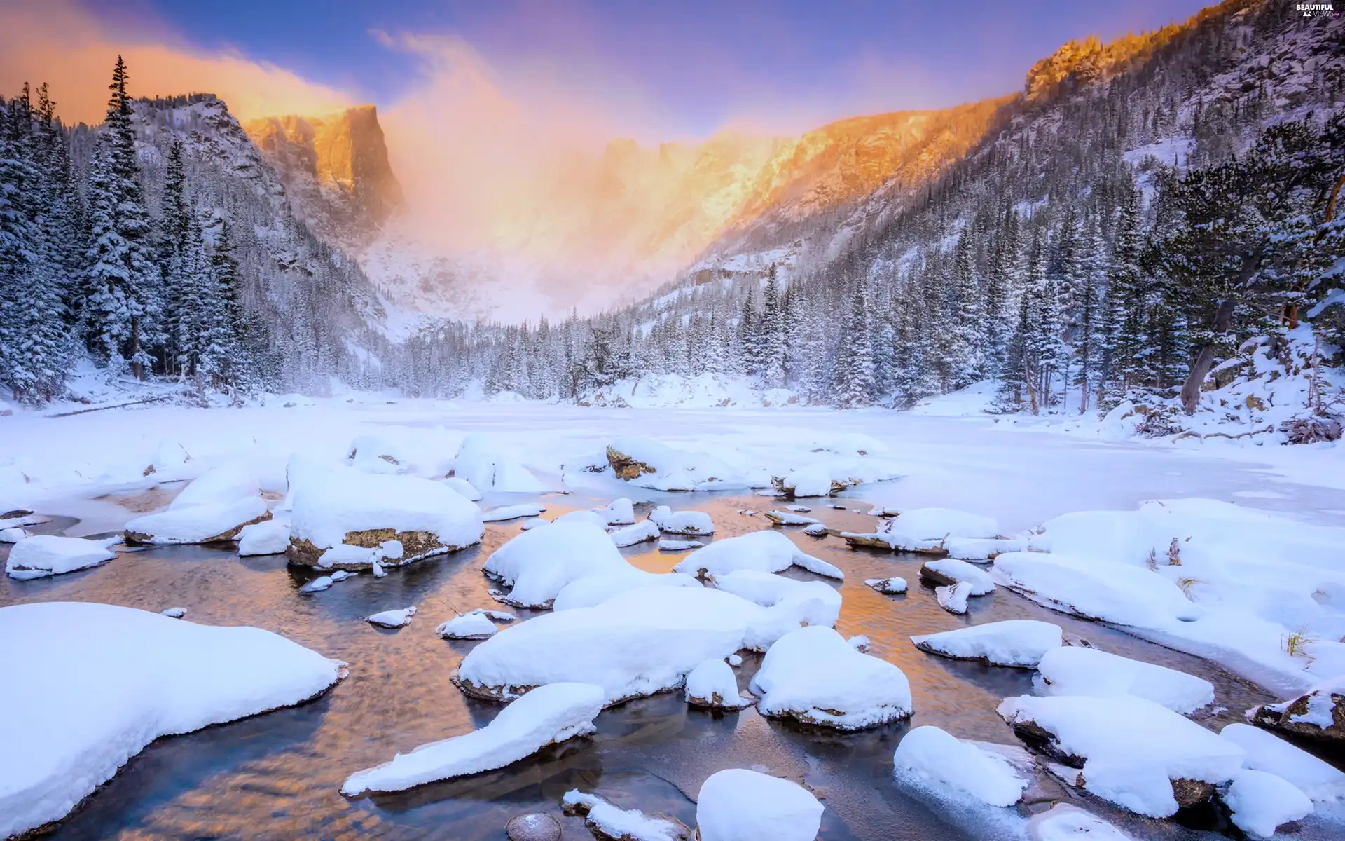 trees, Great Sunsets, River, winter, viewes, Mountains