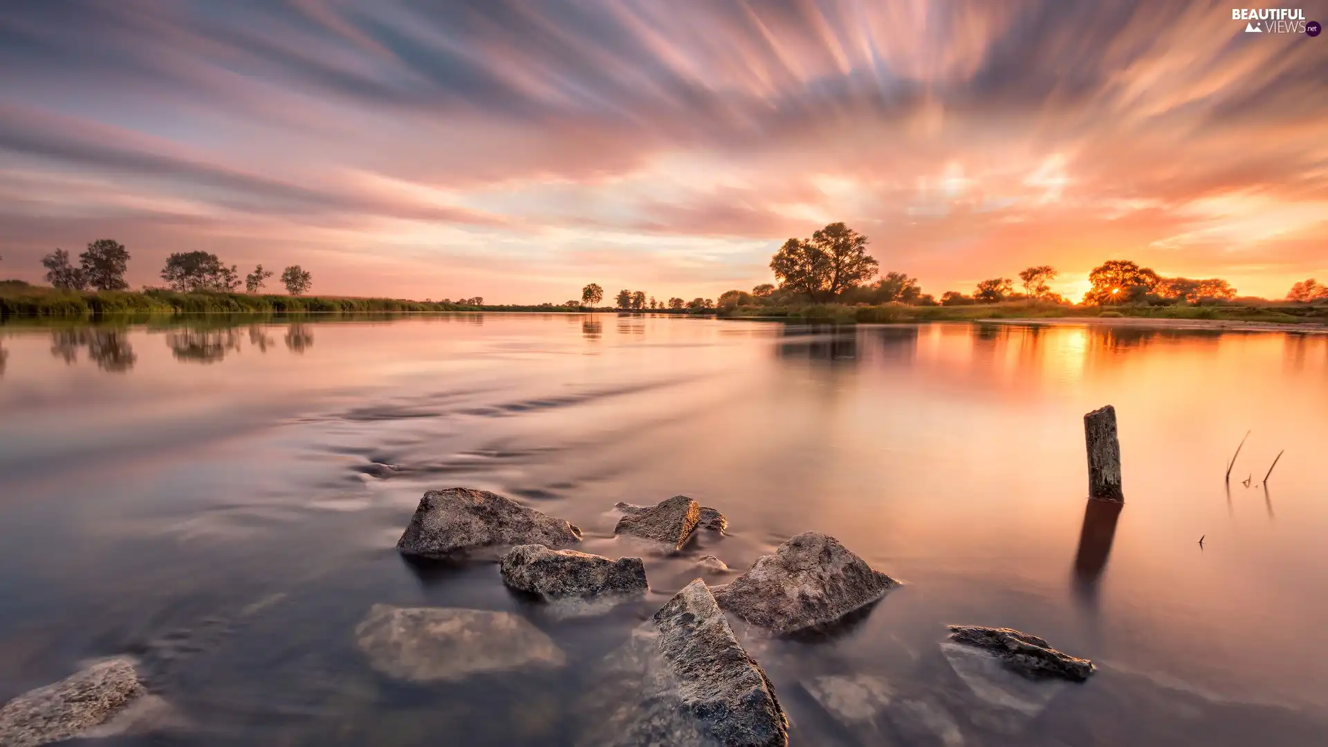 Stones, Great Sunsets, trees, viewes, River