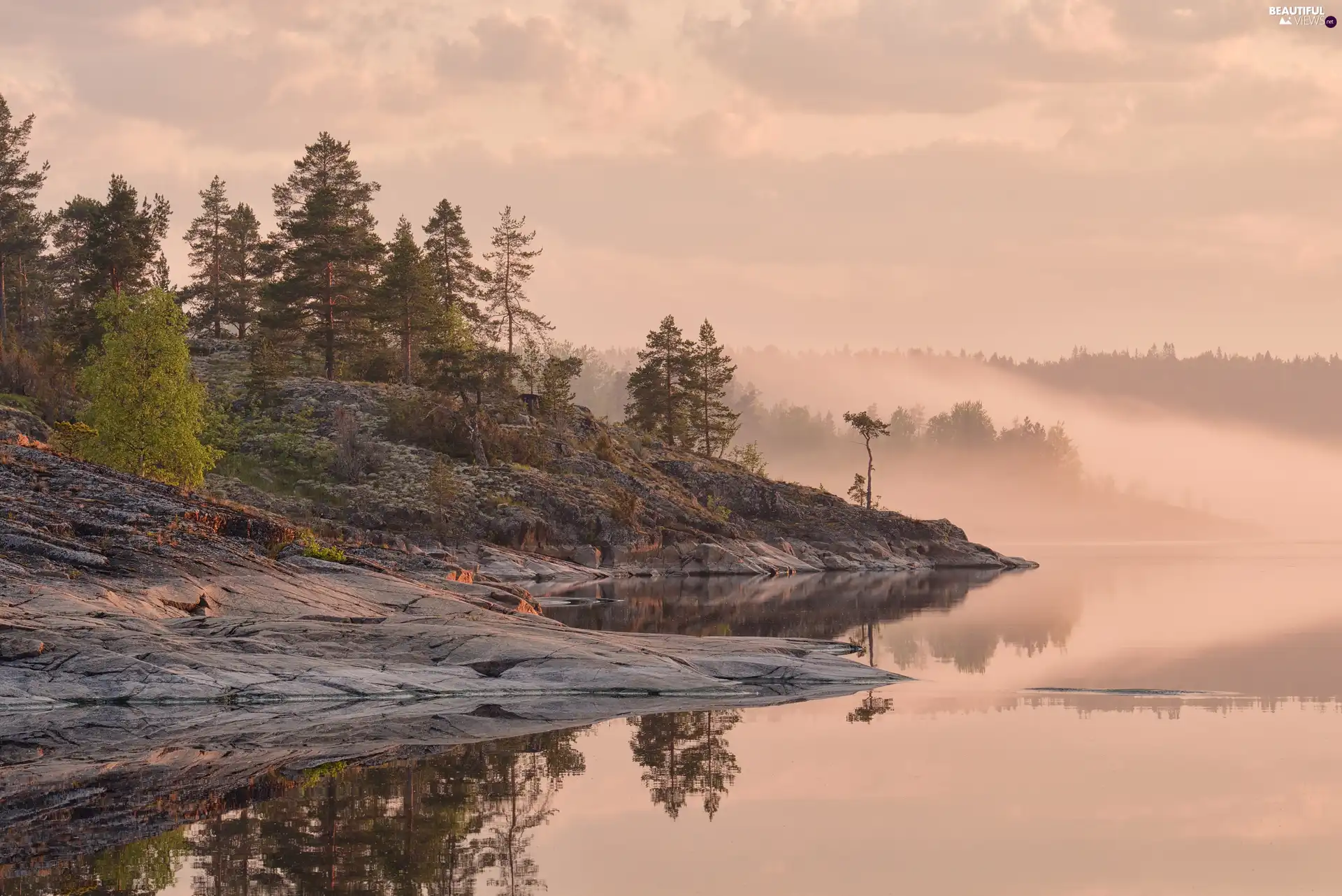 trees, viewes, Russia, reflection, Karelia, Fog, rocks, Lake Ladoga