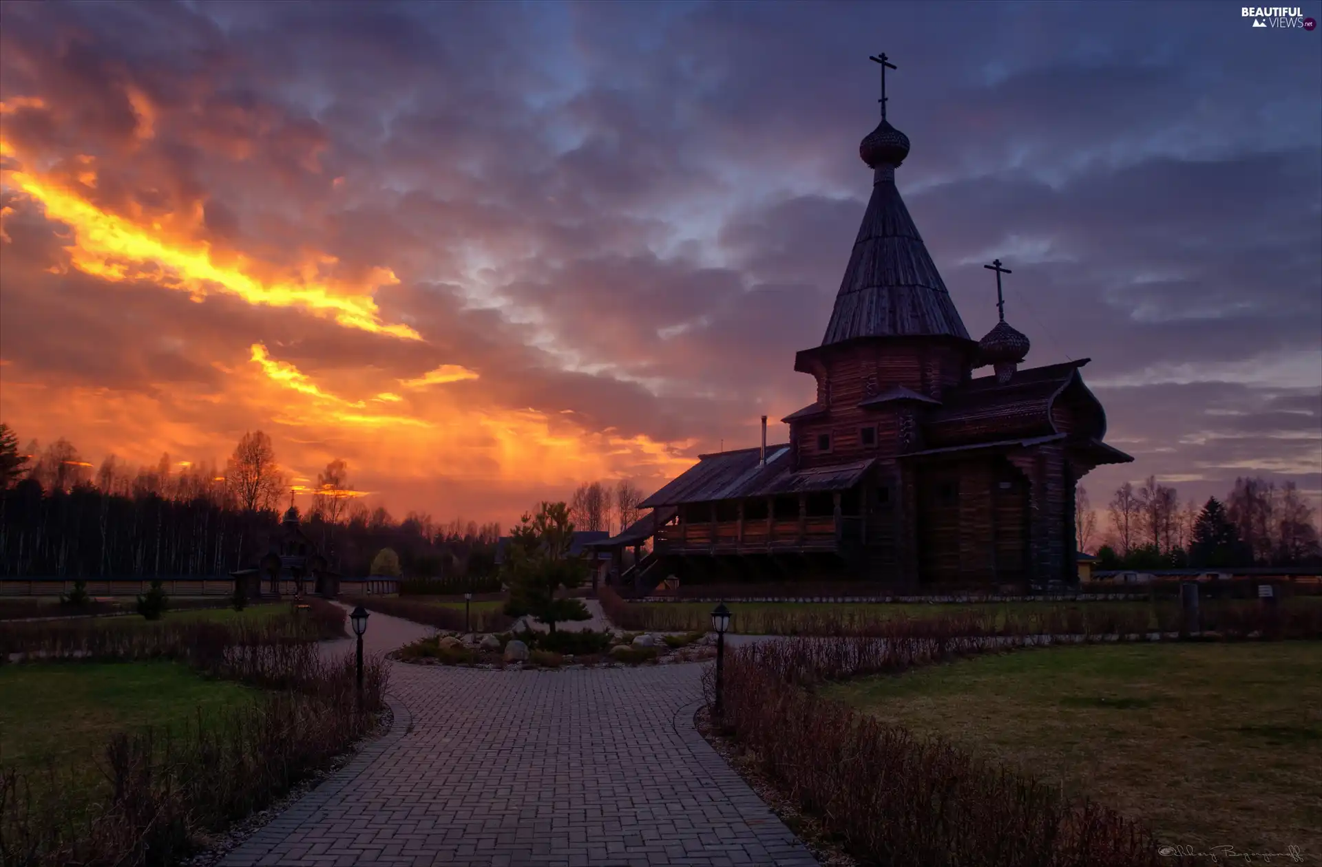 chapel, Great Sunsets, trees, viewes, Sidewalks, Cerkiew