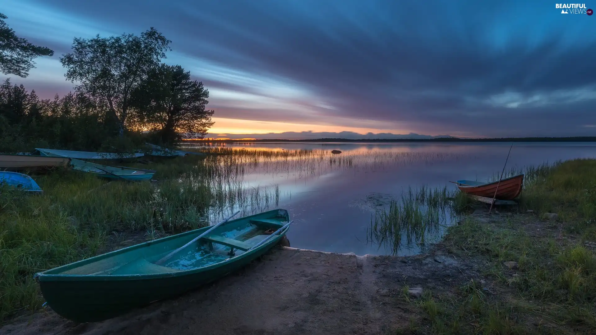 lake, Great Sunsets, trees, viewes, boats, clouds