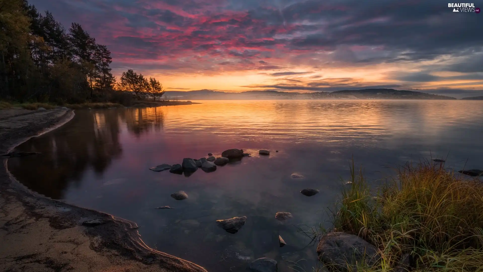 viewes, grass, lake, trees, Great Sunsets