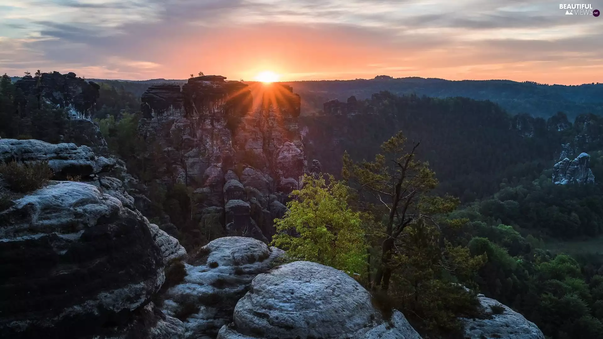 Děčínská vrchovina, viewes, rocks, Saxony, Great Sunsets, trees, forest, Germany, Saxon Switzerland National Park, clouds