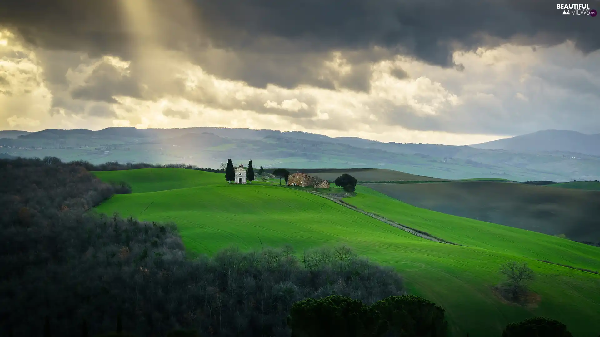 trees, viewes, Italy, house, Tuscany, field, The Hills, clouds