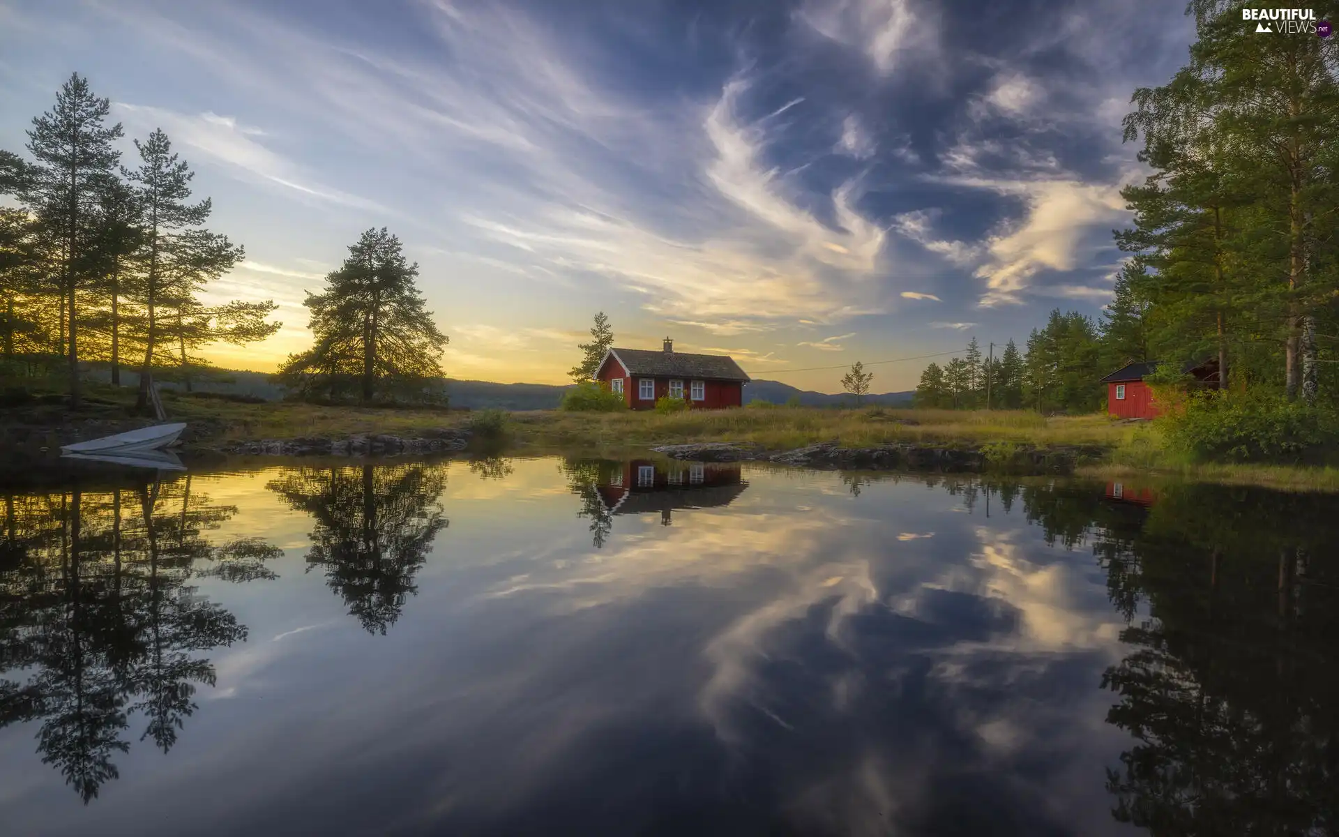 trees, viewes, Norway, clouds, Ringerike, Houses, Vaeleren Lake, reflection