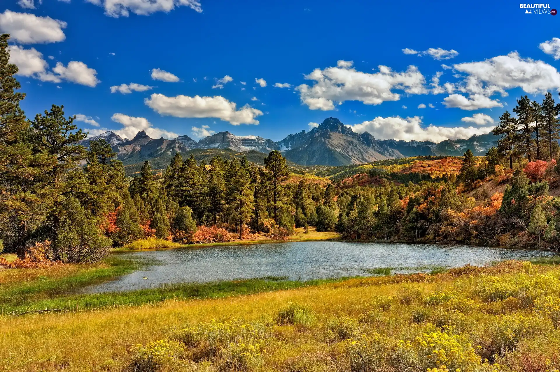 trees, viewes, lake, Mountains, autumn