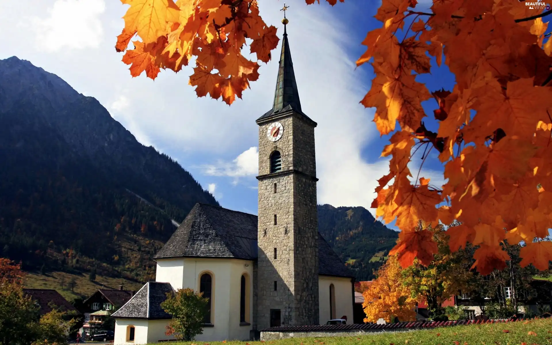 trees, viewes, Mountains, church, Bavaria