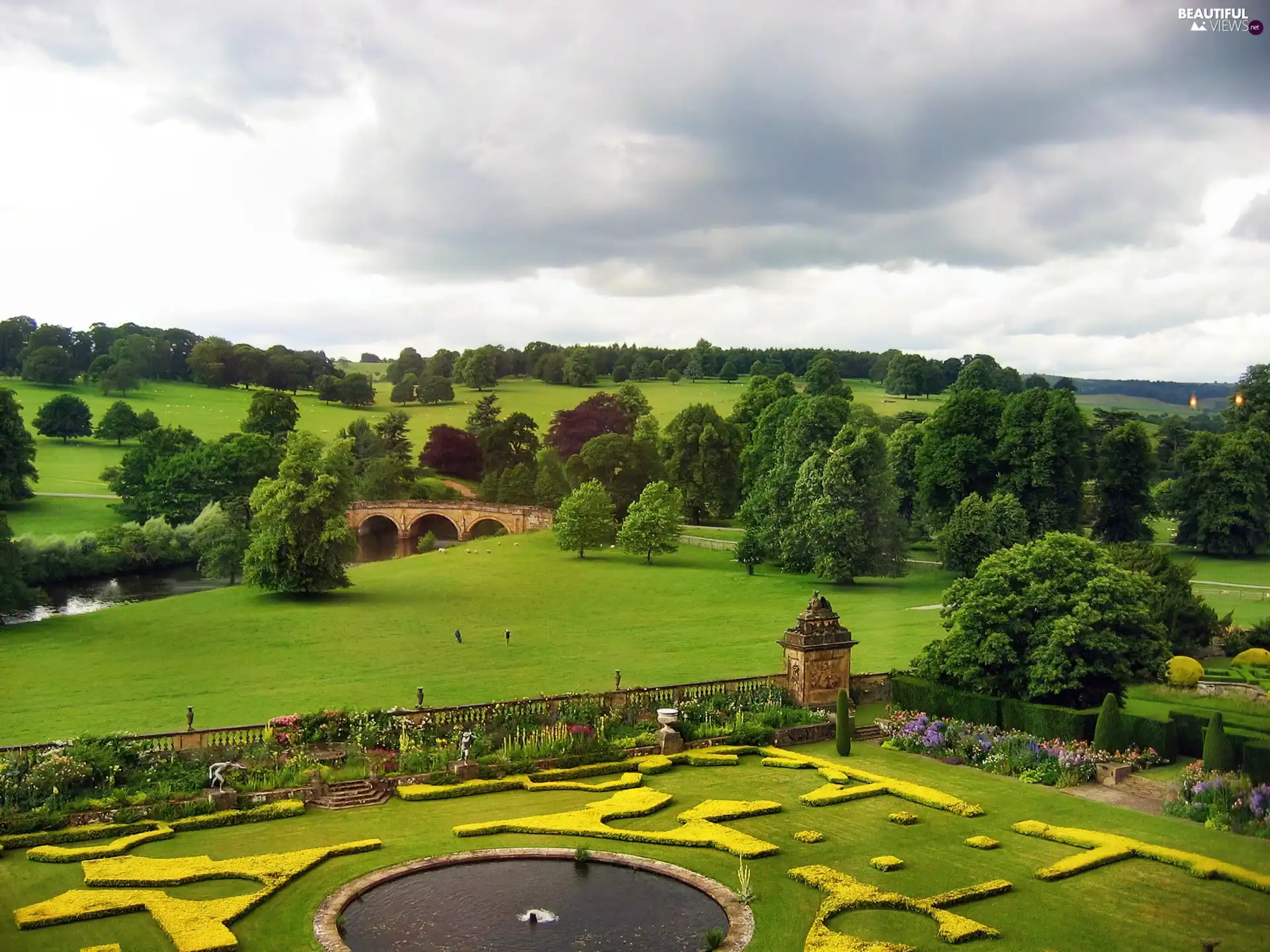 River, field, trees, viewes, bridge, Gardens