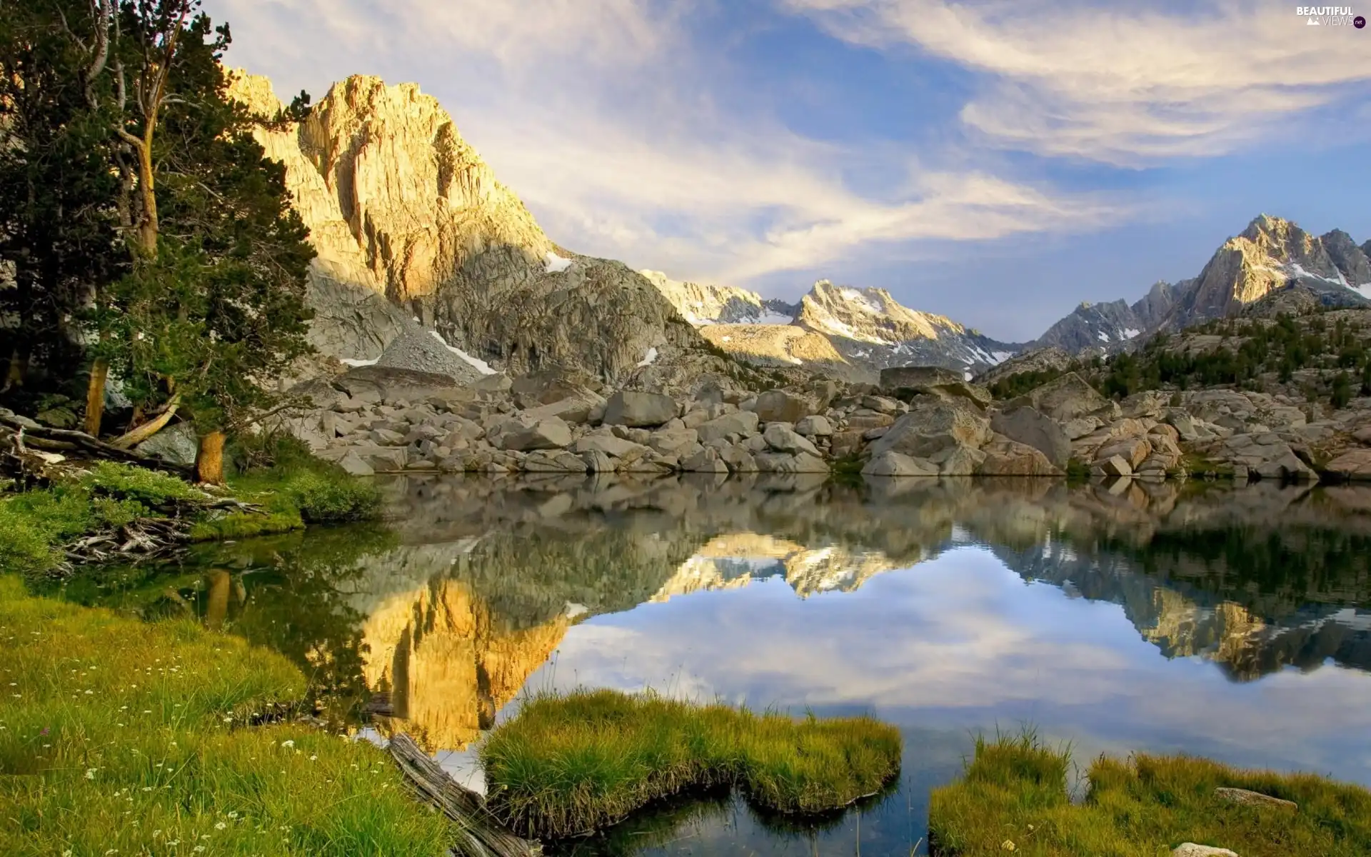 rocks, lake, trees, viewes, grass, Mountains