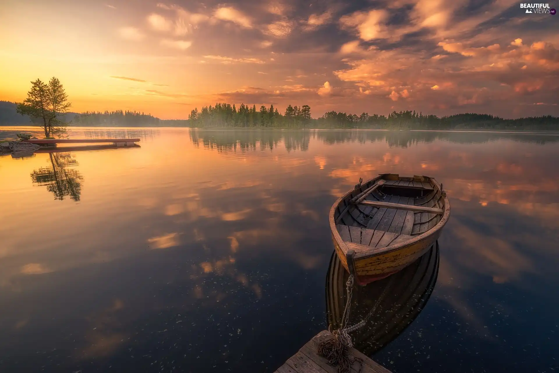 trees, viewes, Boat, lake, Great Sunsets