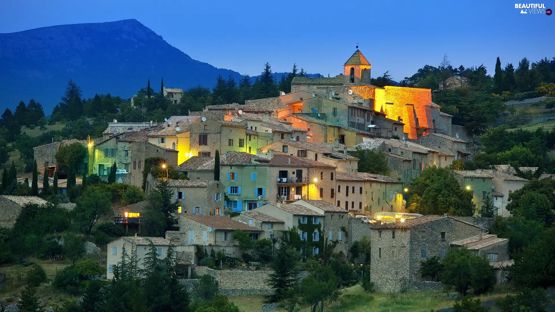 trees, viewes, Houses, Mountains, illuminated