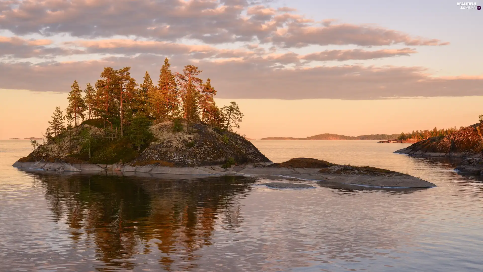 trees, Ladoga, Islet, Karelia, reflection, lake, Rocks, Russia, viewes, clouds