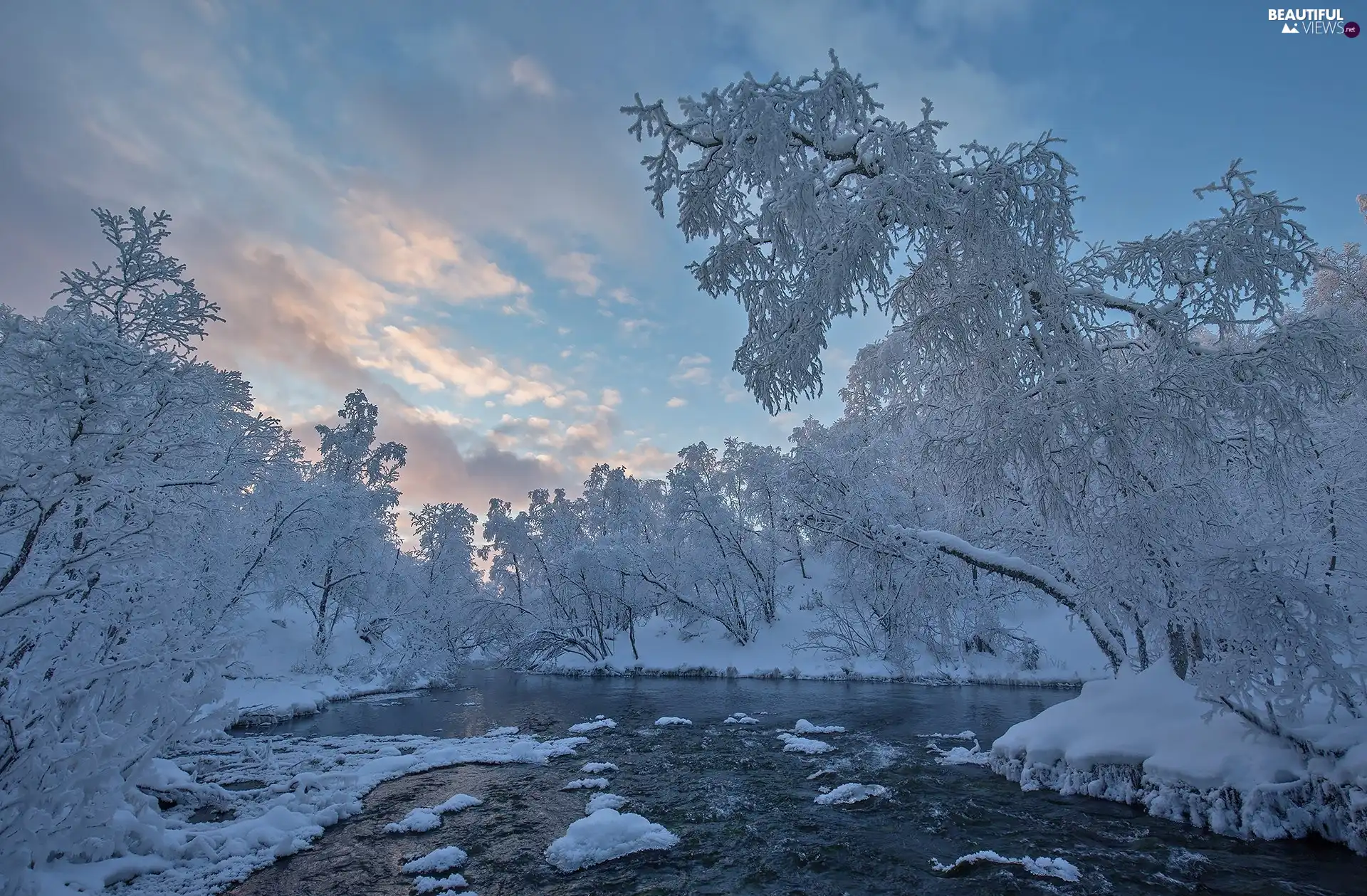 Kaamasmukka Village, Kaamasjoki River, Lapland, Finland, trees, viewes, River, Snowy, winter