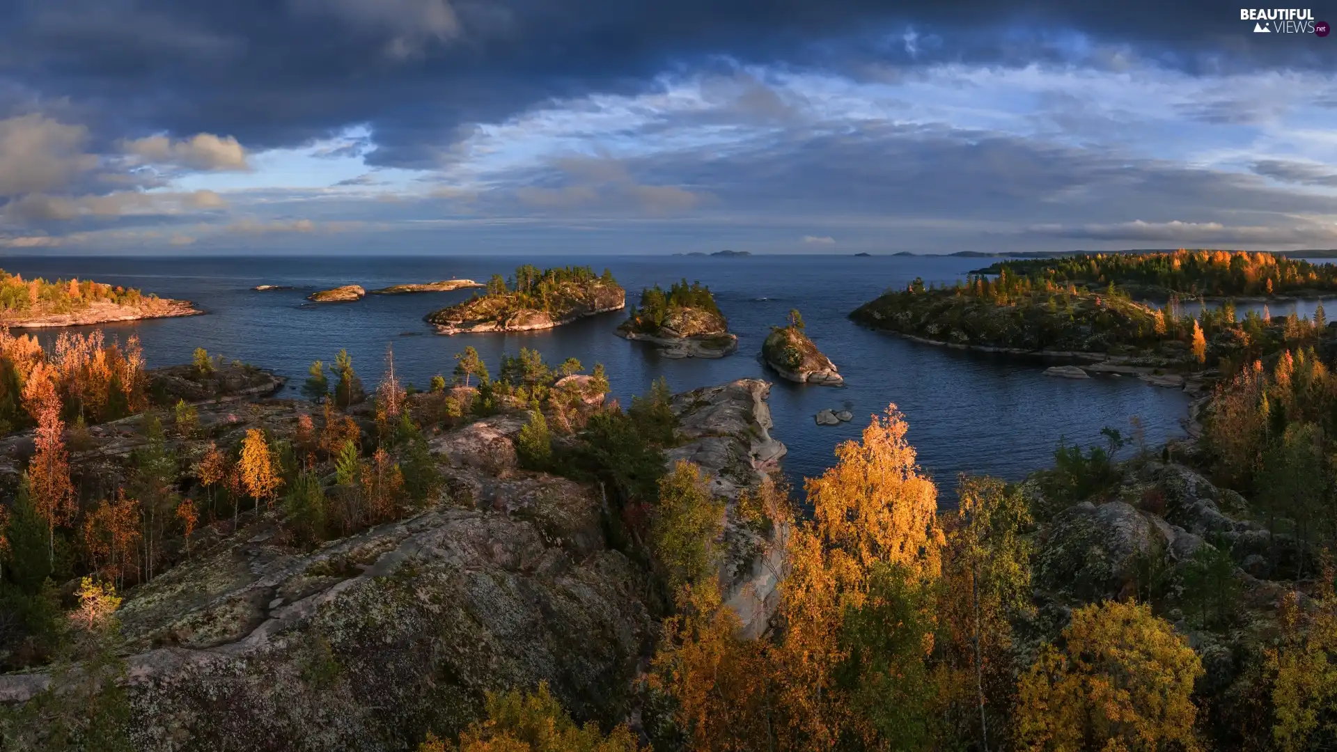 trees, Karelia, Ladoga, clouds, Islets, Russia, lake, autumn, viewes, rocks