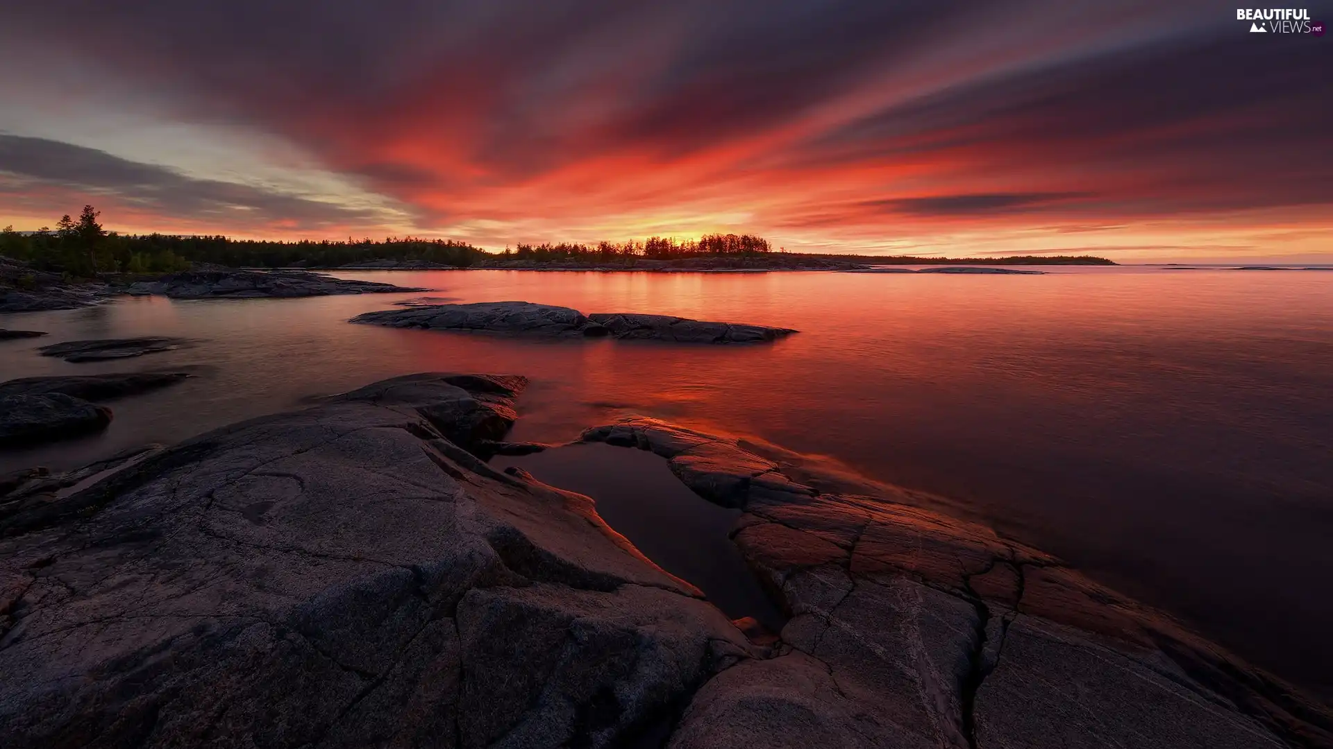 trees, Russia, clouds, rocks, Lake Ladoga, viewes, Great Sunsets