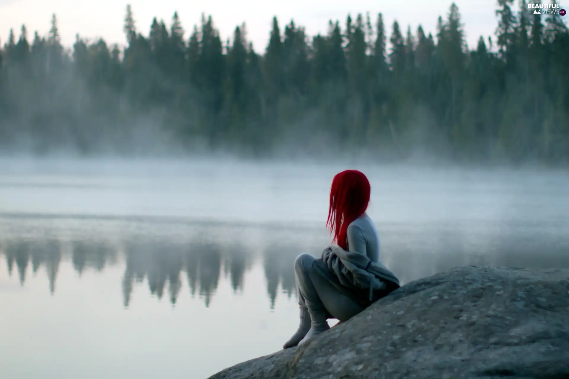 trees, viewes, Women, Fog, lake