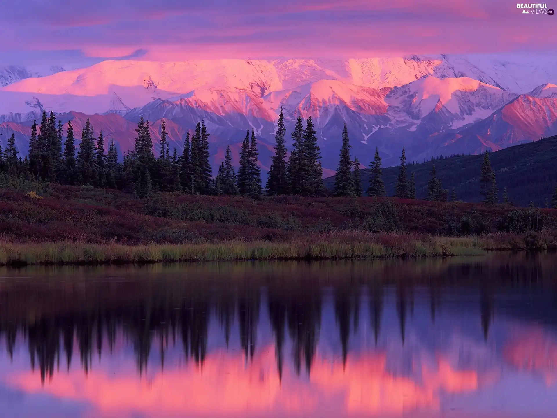 sun, Mountains, trees, viewes, lake, west