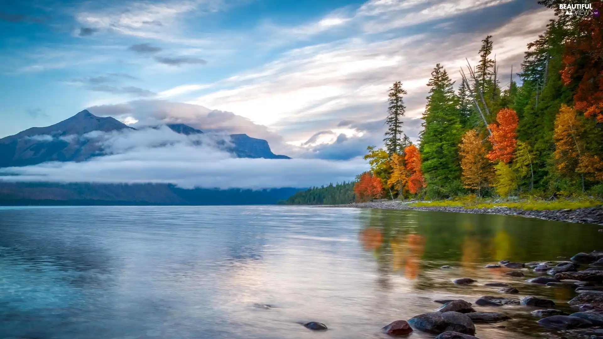 trees, viewes, Mountains, Stones, lake