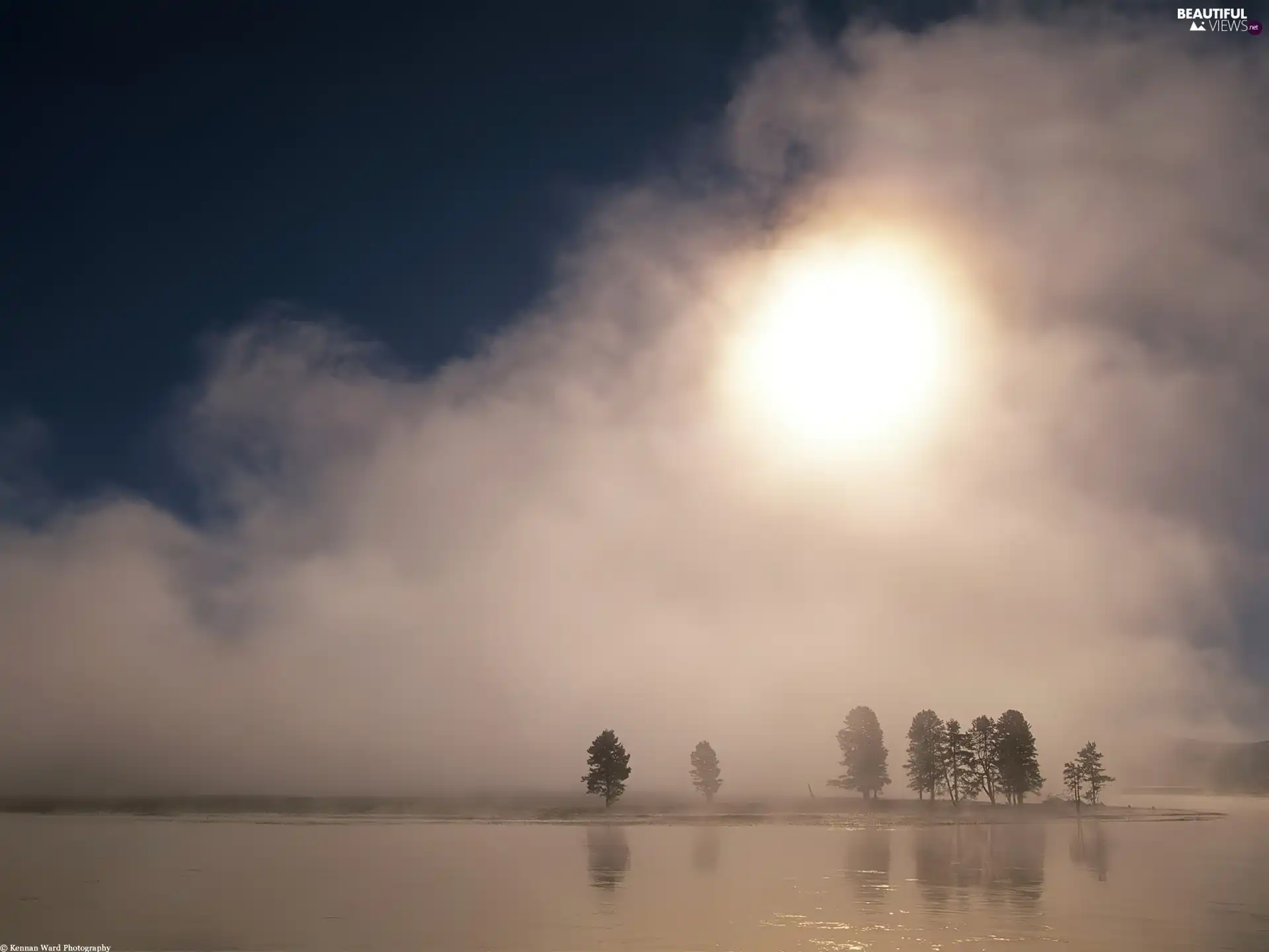 clouds, sun, trees, viewes, lake, for