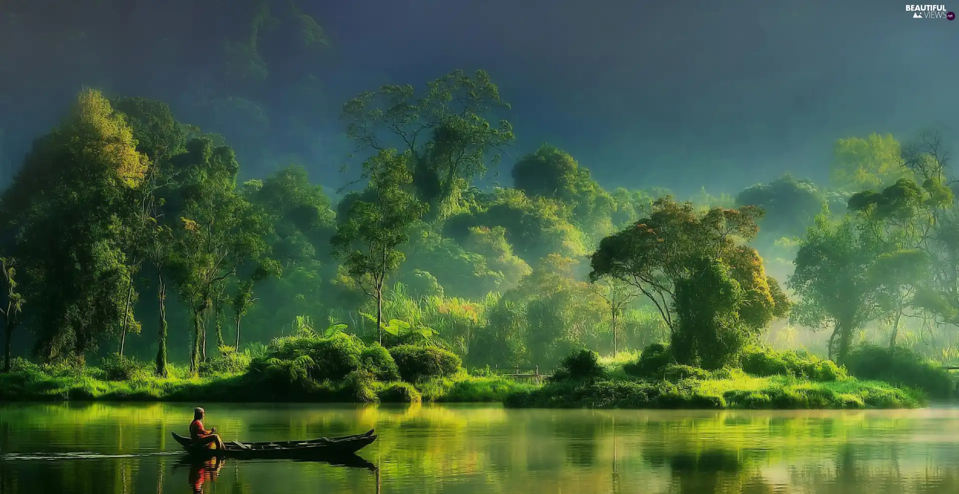 trees, viewes, Boat, oarsman, lakes