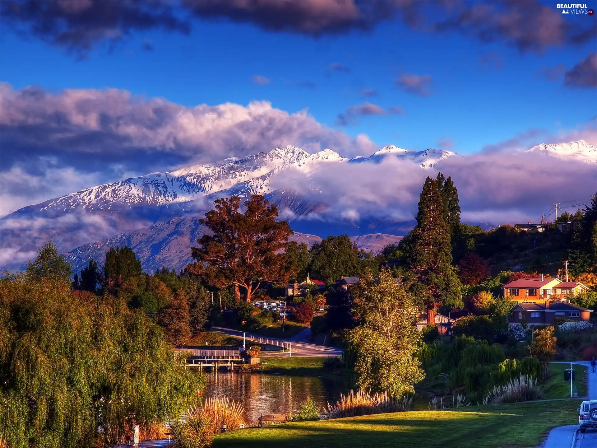 trees, viewes, brook, Houses, Mountains