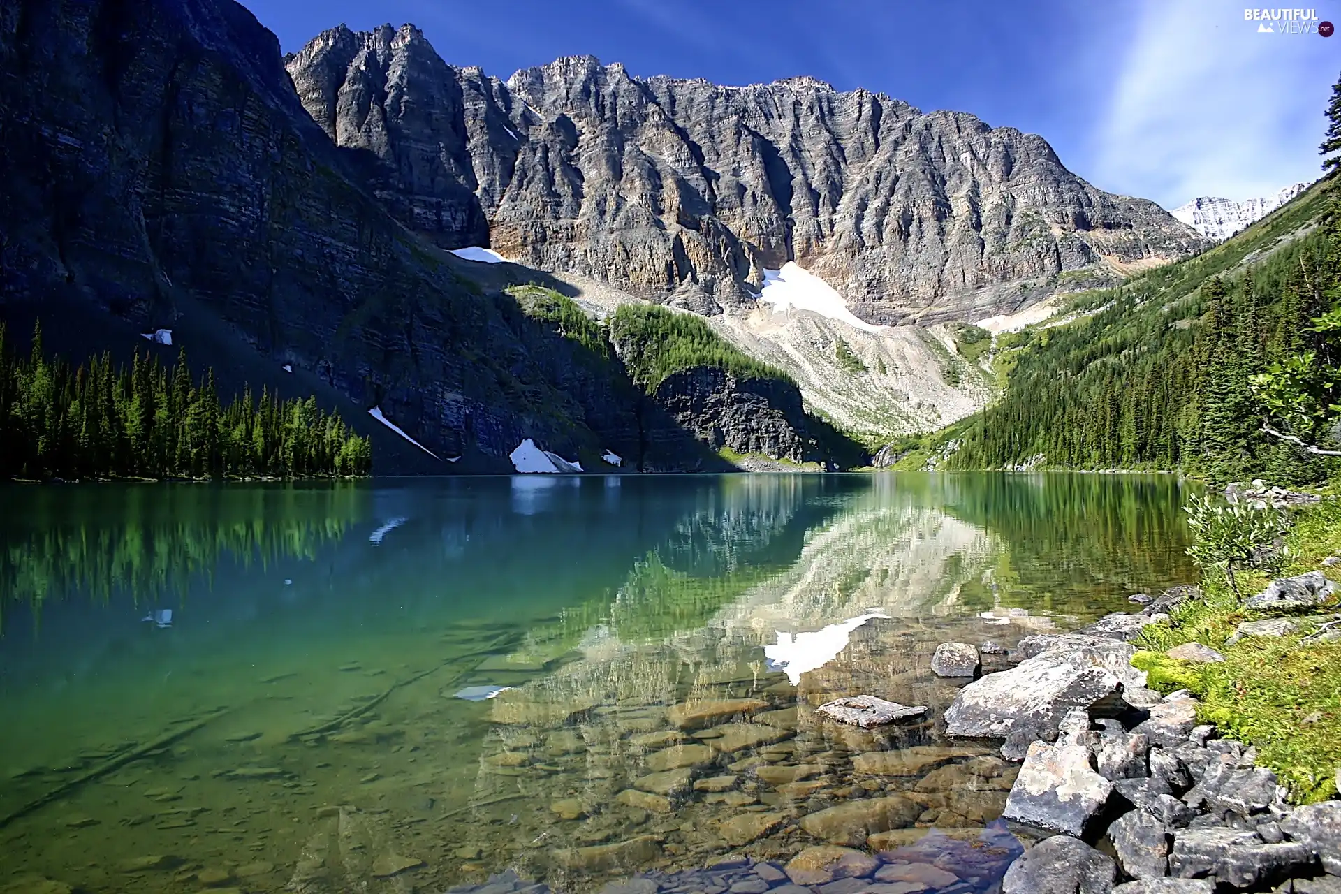 trees, viewes, lake, rocks, Mountains