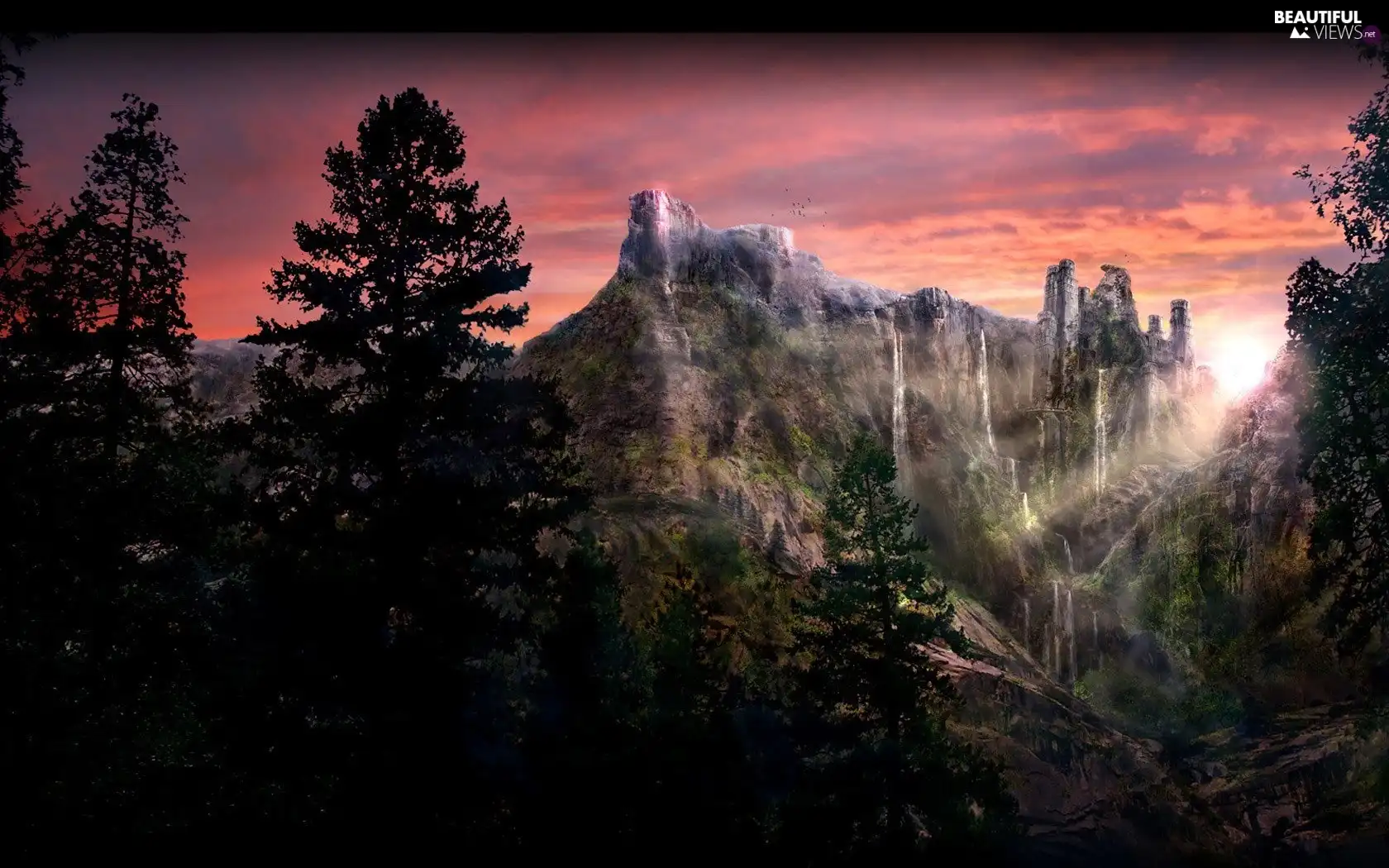 trees, viewes, Red, Sky, Mountains