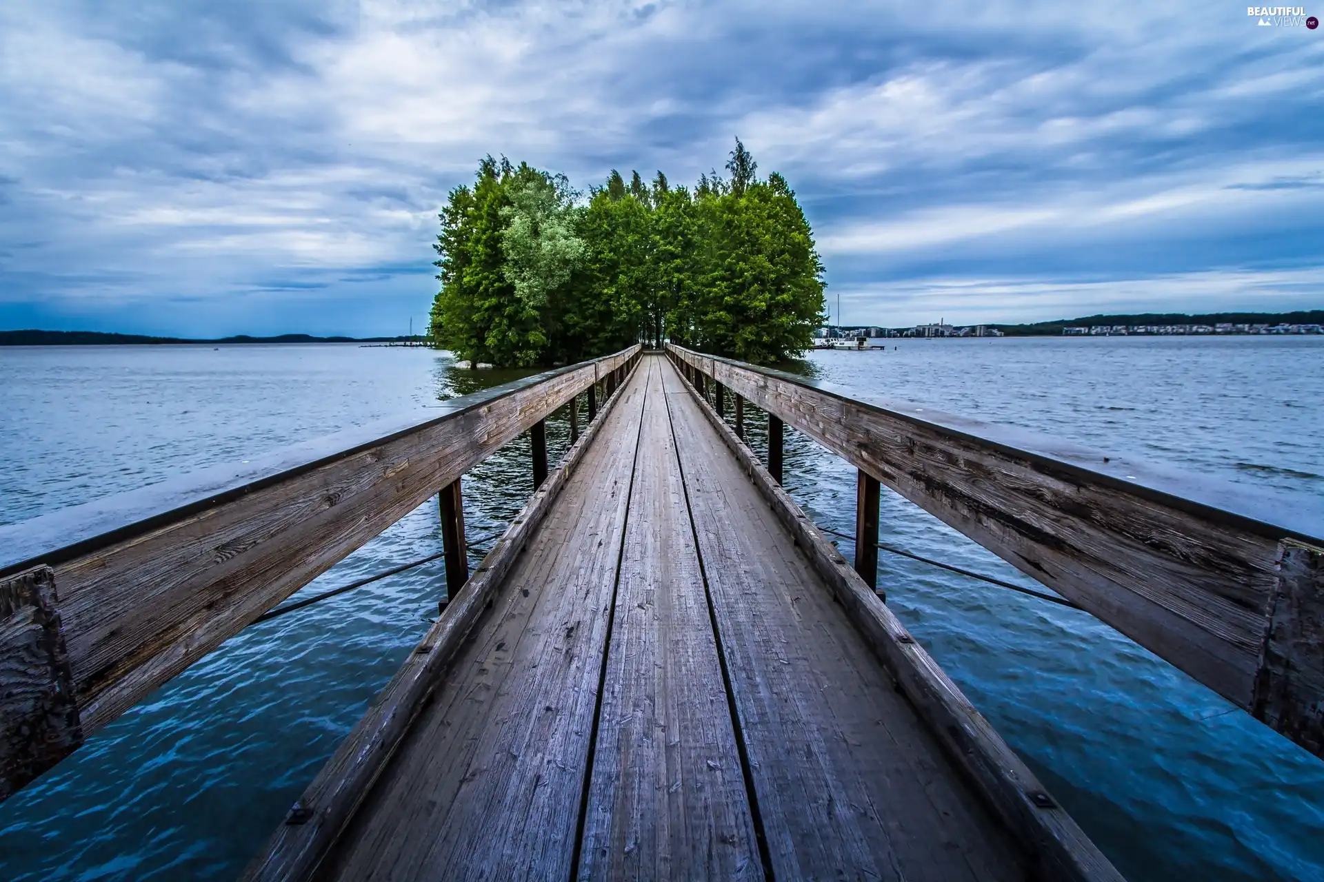 trees, viewes, lake, Island, Platform