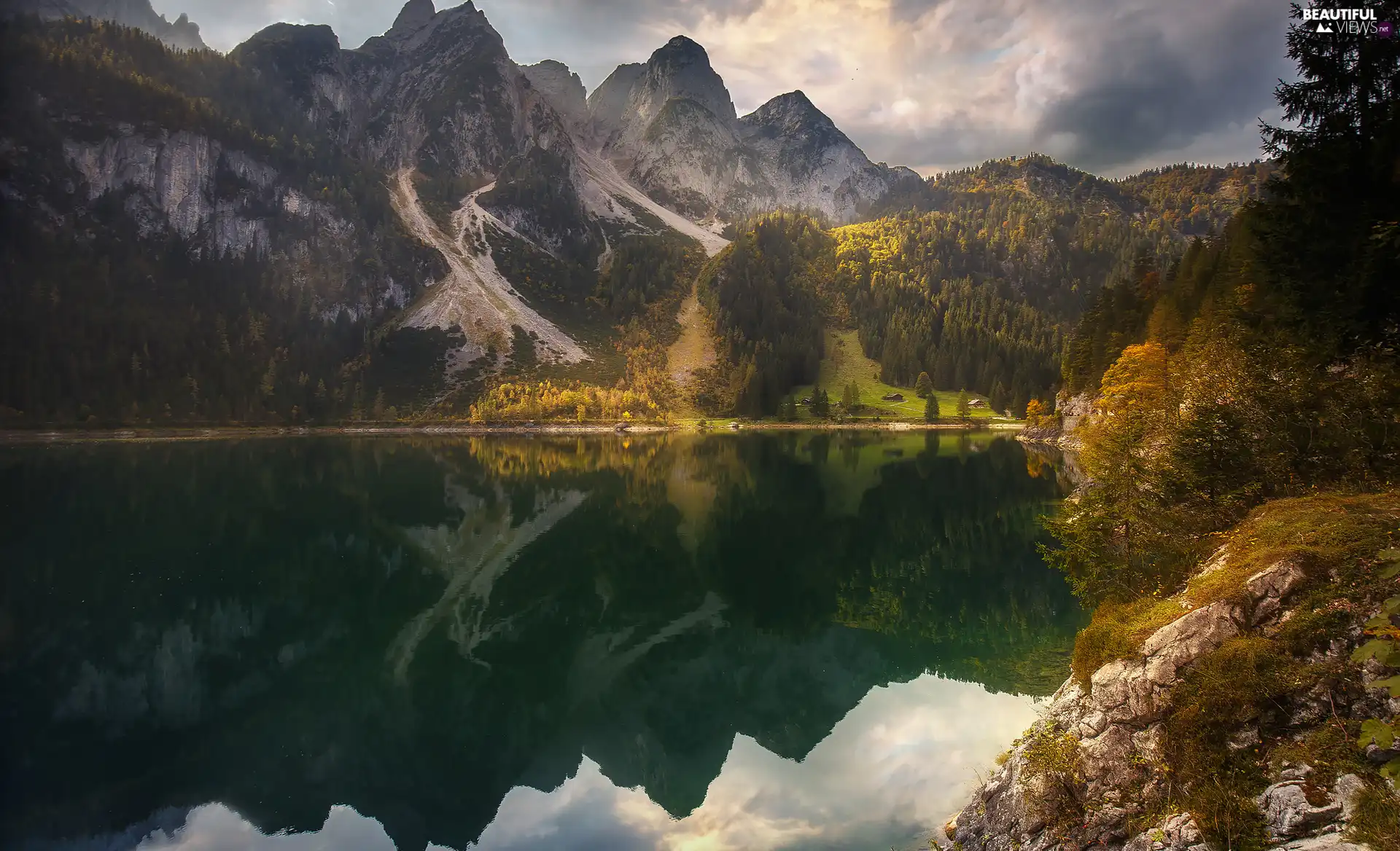 lake, autumn, trees, viewes, reflection, Mountains